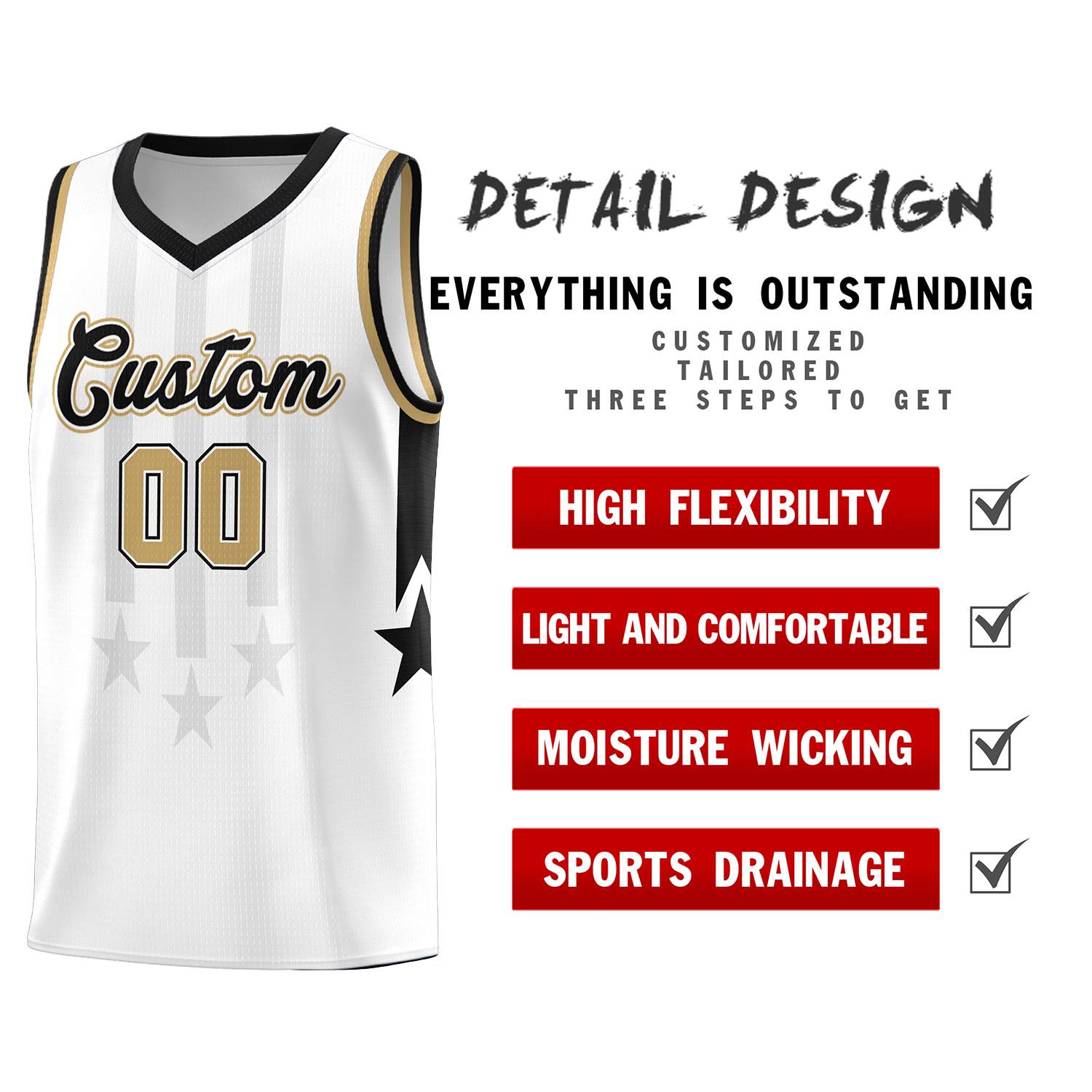 Custom White Black and Old Gold Gradient Star Graffiti Pattern Sports Uniform Basketball Jersey