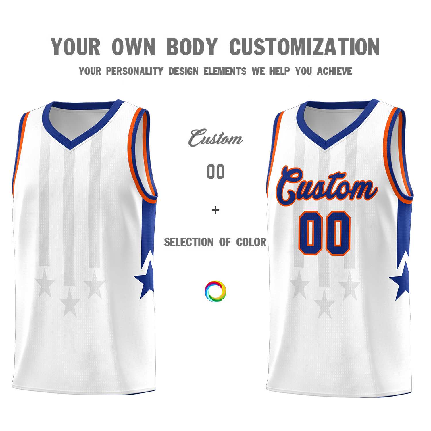Custom White Royal and Orange Gradient Star Graffiti Pattern Sports Uniform Basketball Jersey