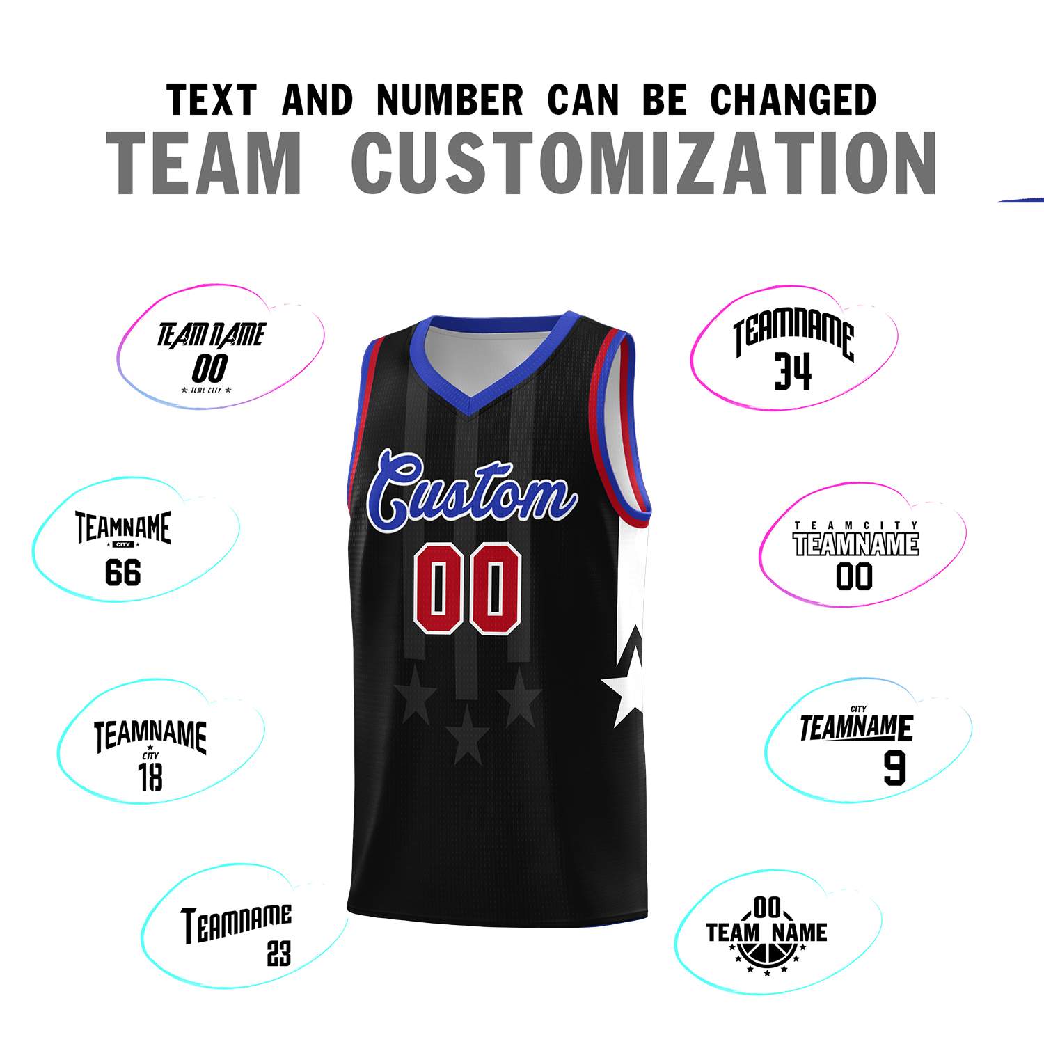 Custom Black Royal and Red Gradient Star Graffiti Pattern Sports Uniform Basketball Jersey