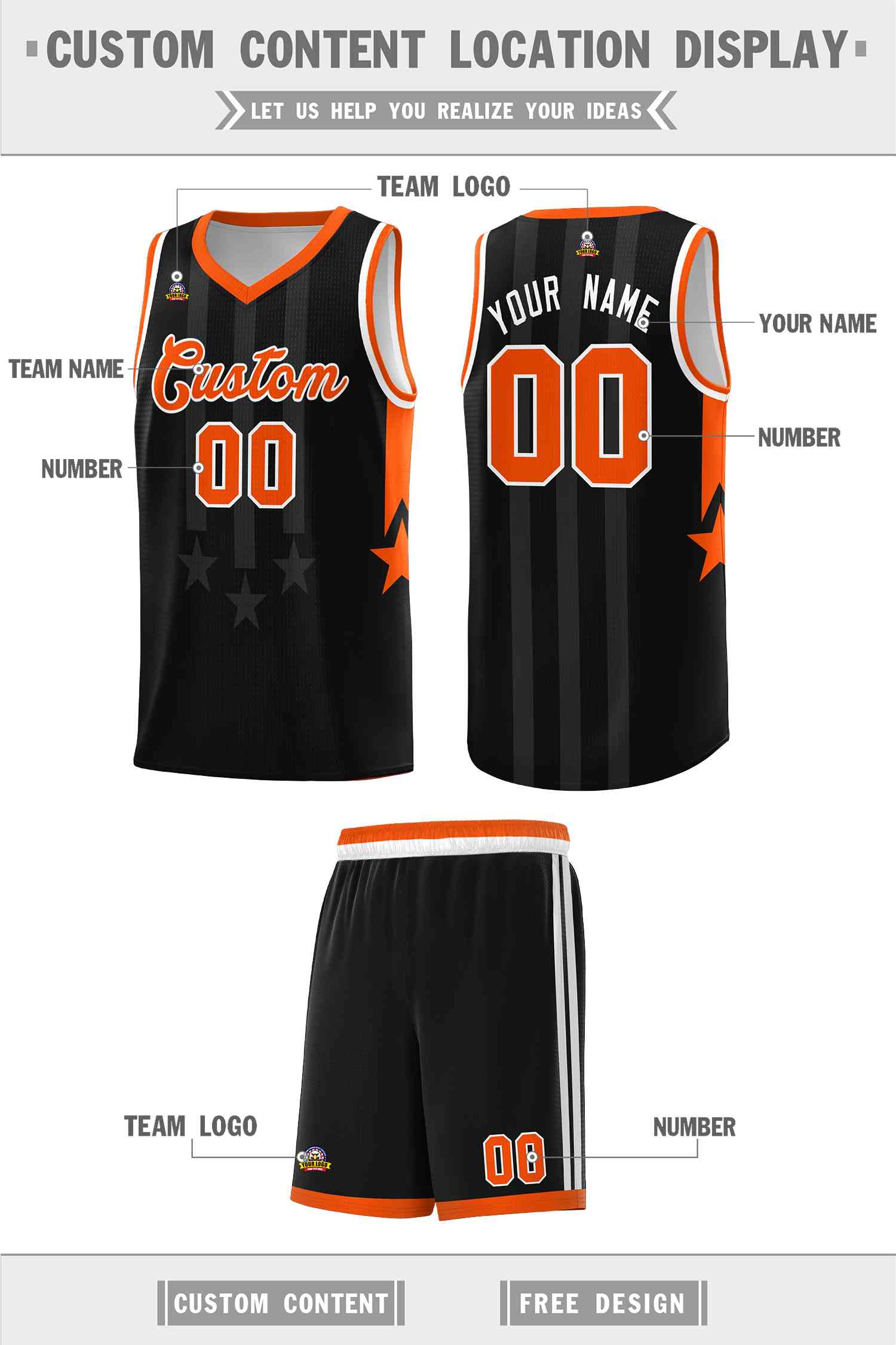 Custom Black Orange and White Gradient Star Graffiti Pattern Sports Uniform Basketball Jersey