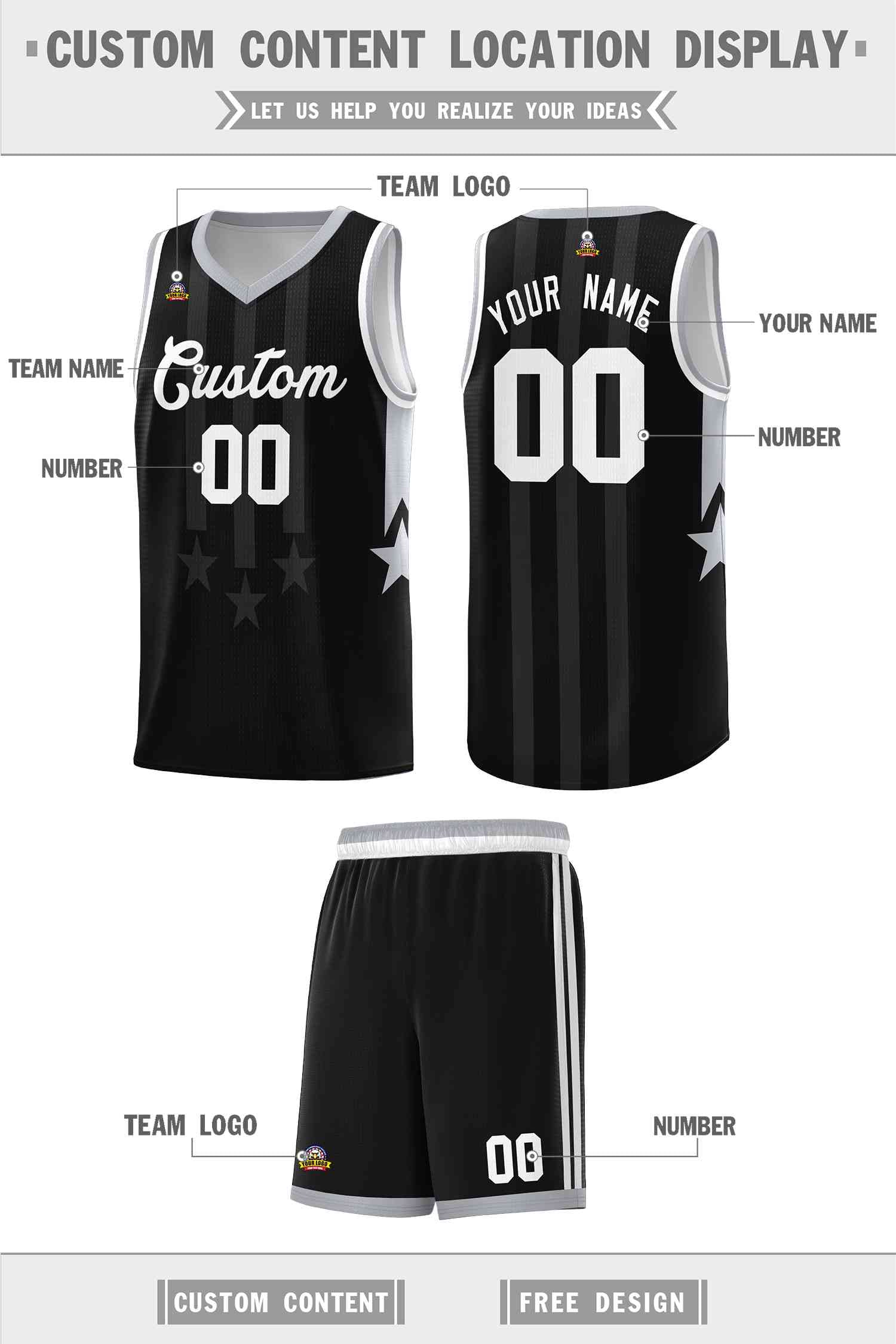 Custom Black Gray and White Gradient Star Graffiti Pattern Sports Uniform Basketball Jersey