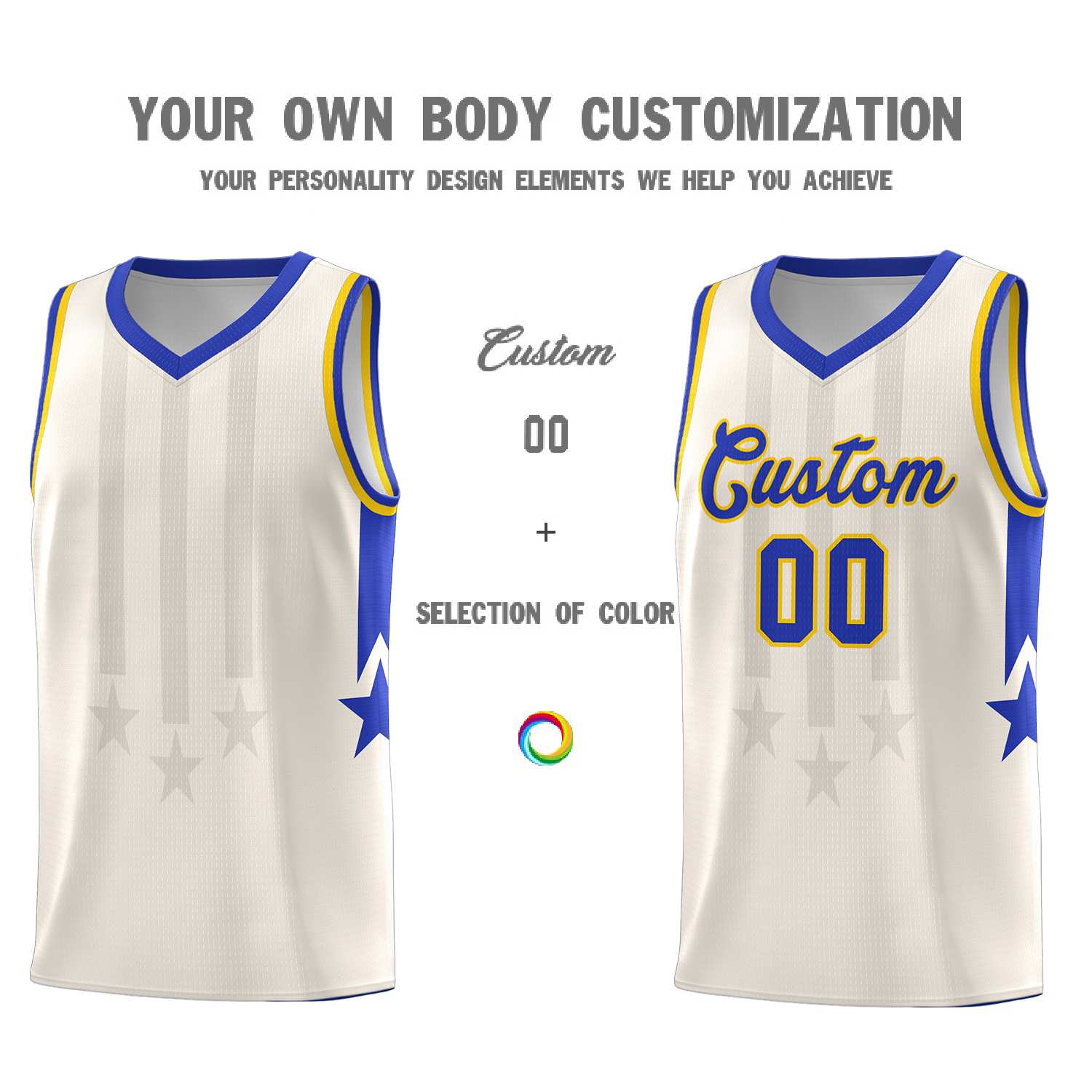 Custom Cream Royal and Gold Gradient Star Graffiti Pattern Sports Uniform Basketball Jersey