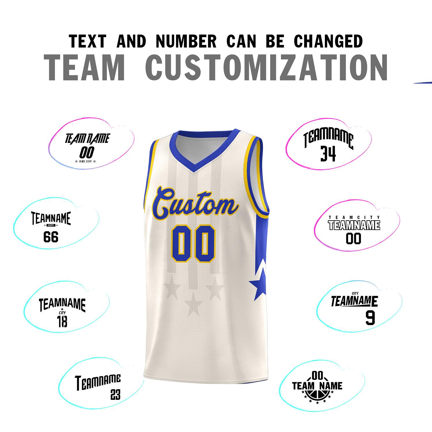 Custom Cream Royal and Gold Gradient Star Graffiti Pattern Sports Uniform Basketball Jersey