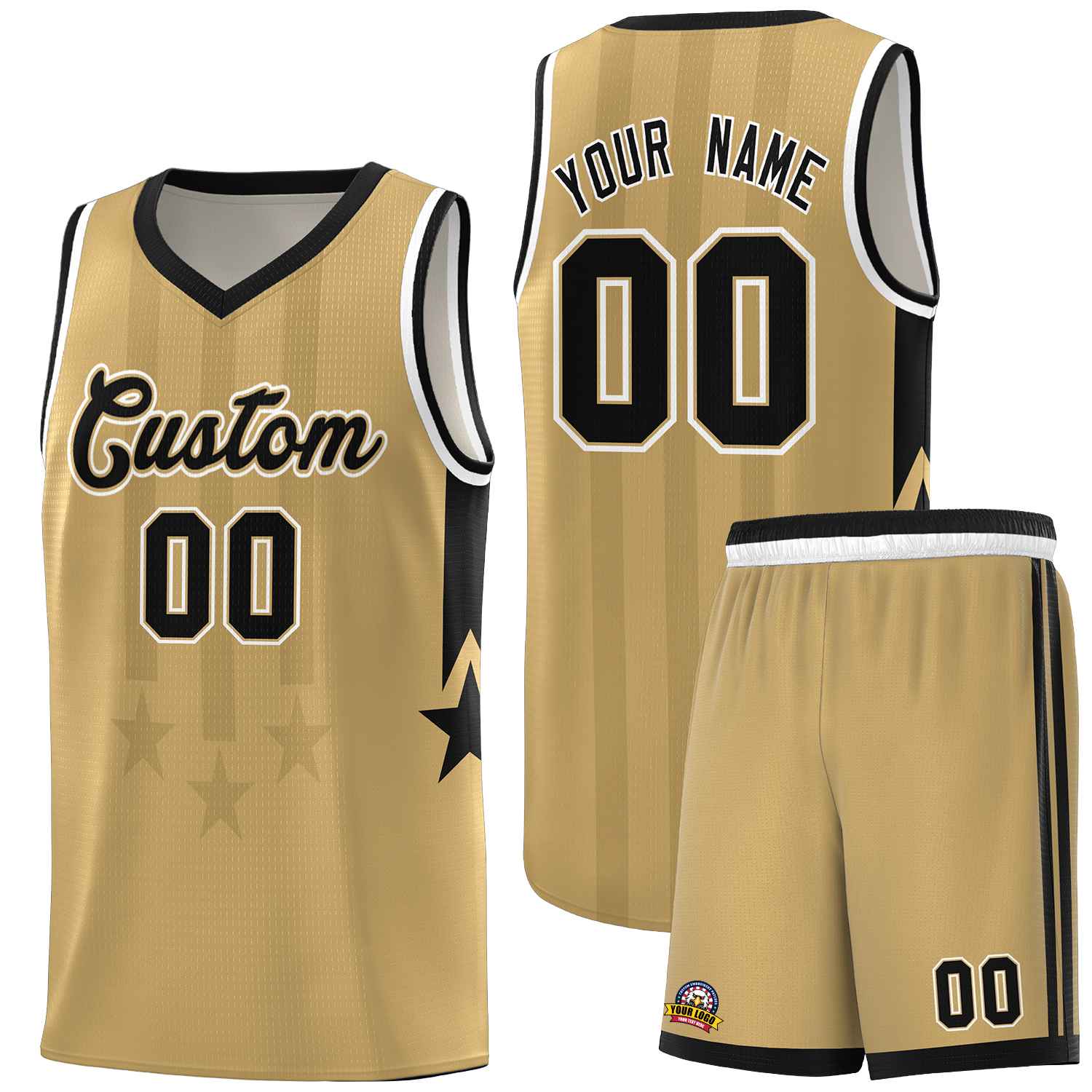 Custom Old Gold Black and White Gradient Star Graffiti Pattern Sports Uniform Basketball Jersey