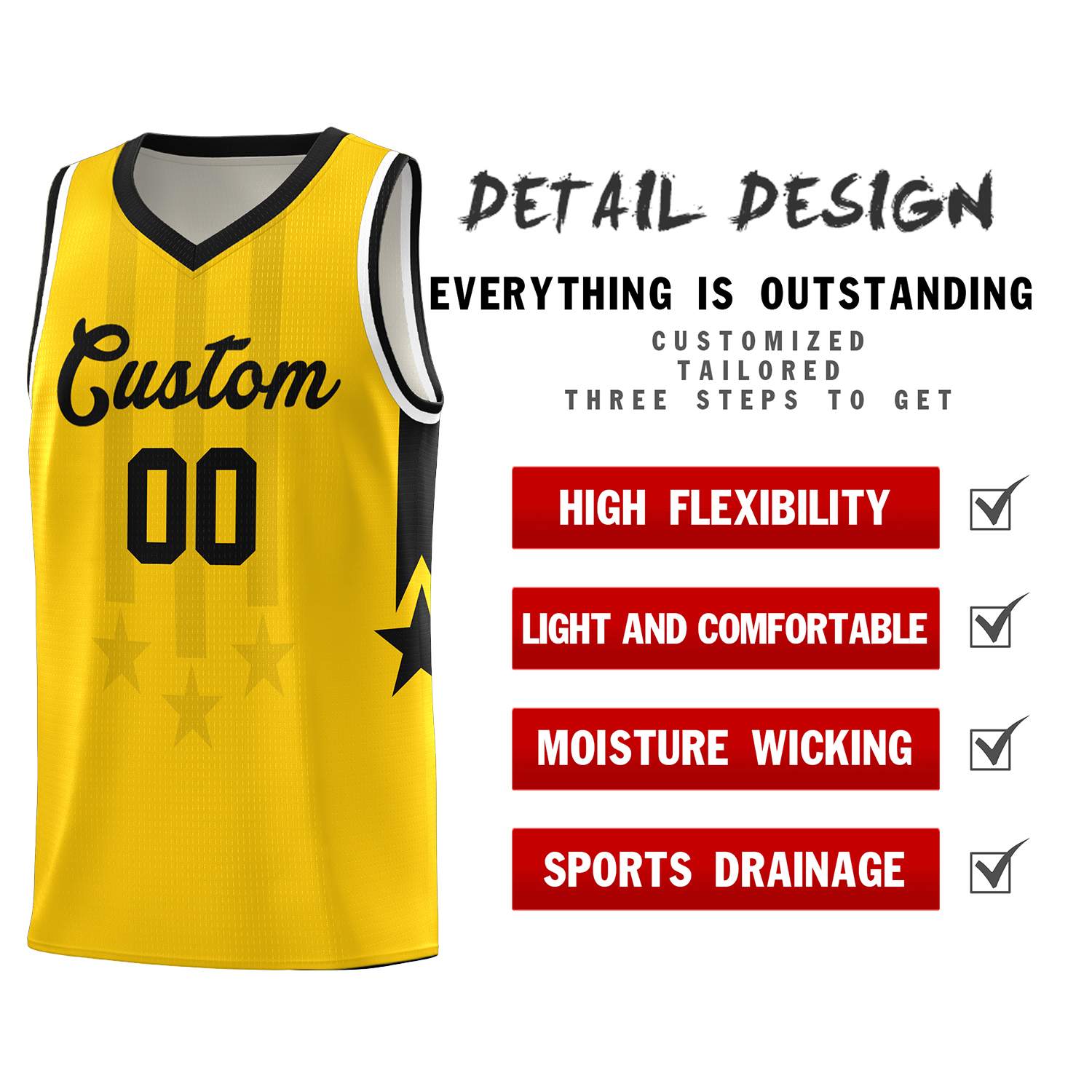 Custom Gold Black and White Gradient Star Graffiti Pattern Sports Uniform Basketball Jersey