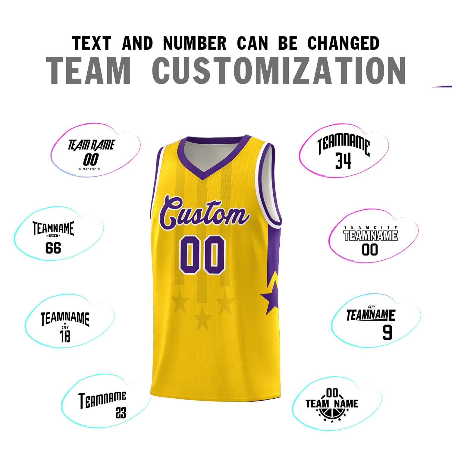 Custom Gold Purple and White Gradient Star Graffiti Pattern Sports Uniform Basketball Jersey