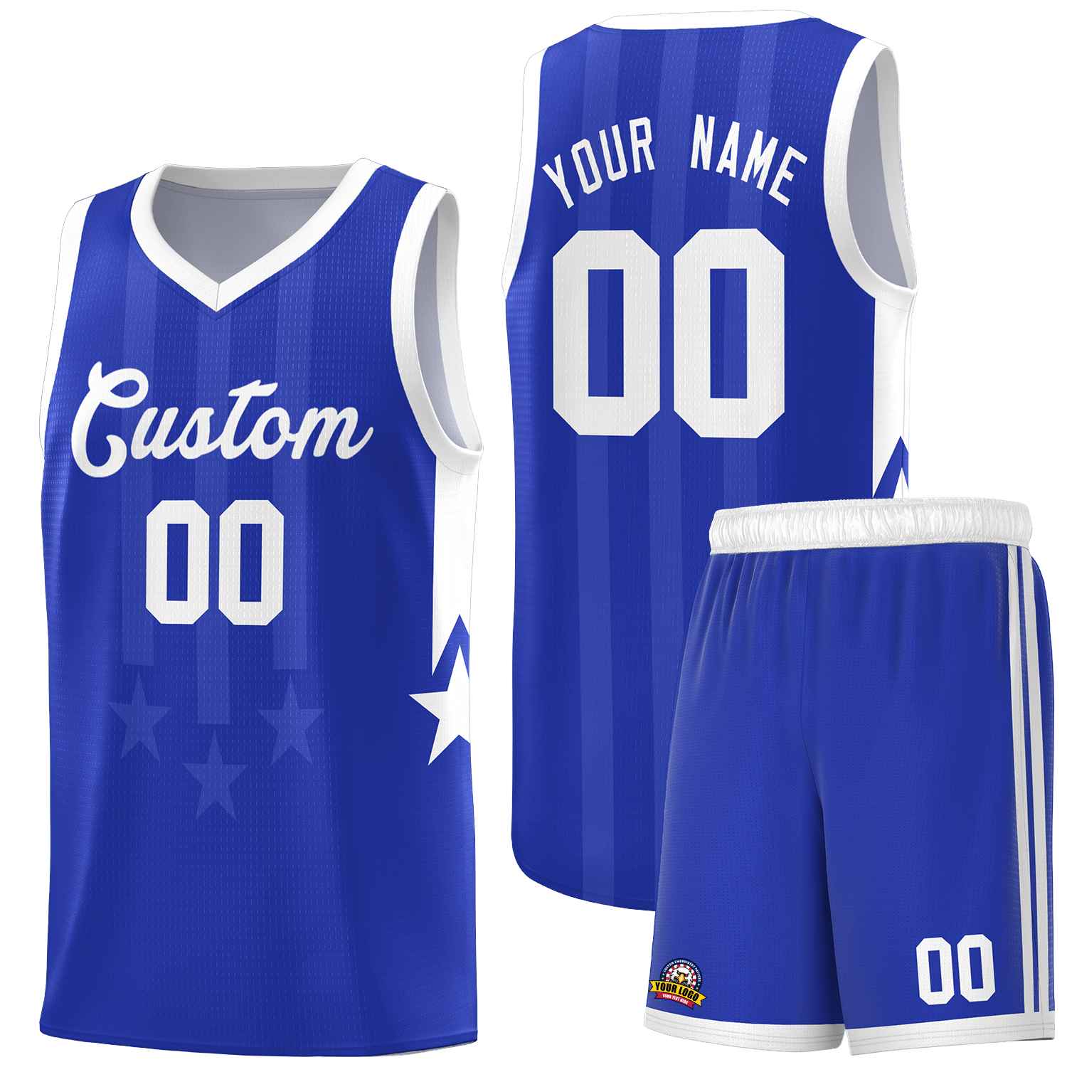 Custom Royal White and White Gradient Star Graffiti Pattern Sports Uniform Basketball Jersey