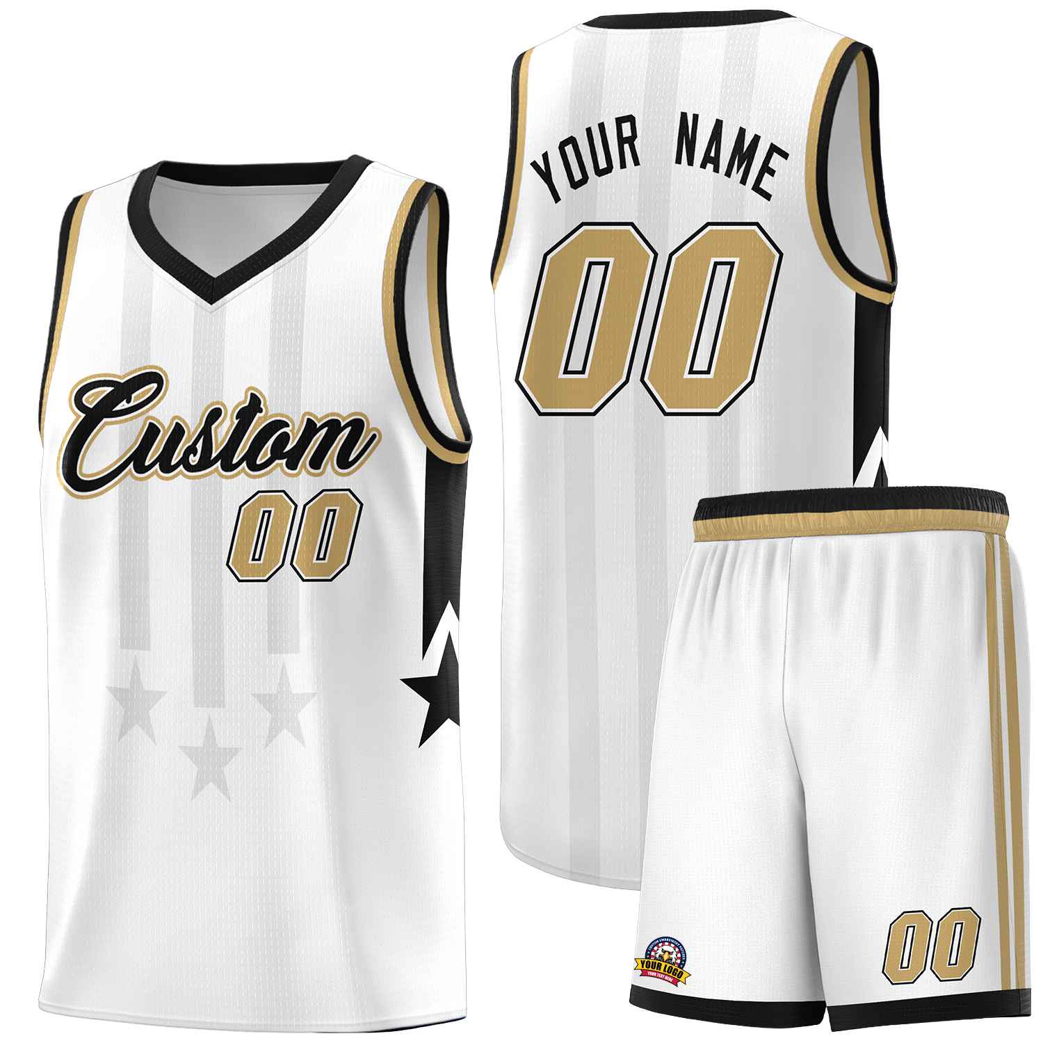 Custom White Black and Old Gold Gradient Star Graffiti Pattern Sports Uniform Basketball Jersey