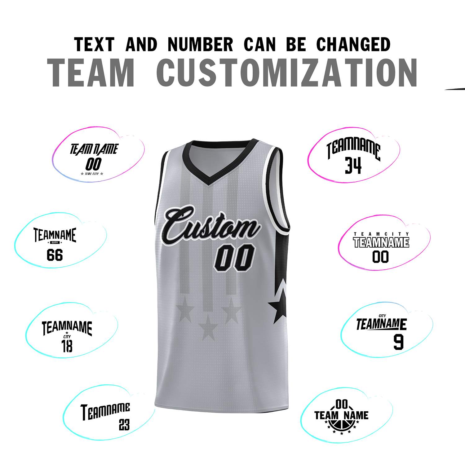 Custom Gray Black and White Gradient Star Graffiti Pattern Sports Uniform Basketball Jersey