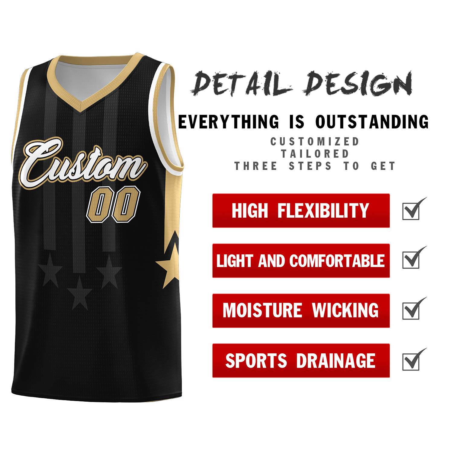 Custom Black Old Gold and White Gradient Star Graffiti Pattern Sports Uniform Basketball Jersey