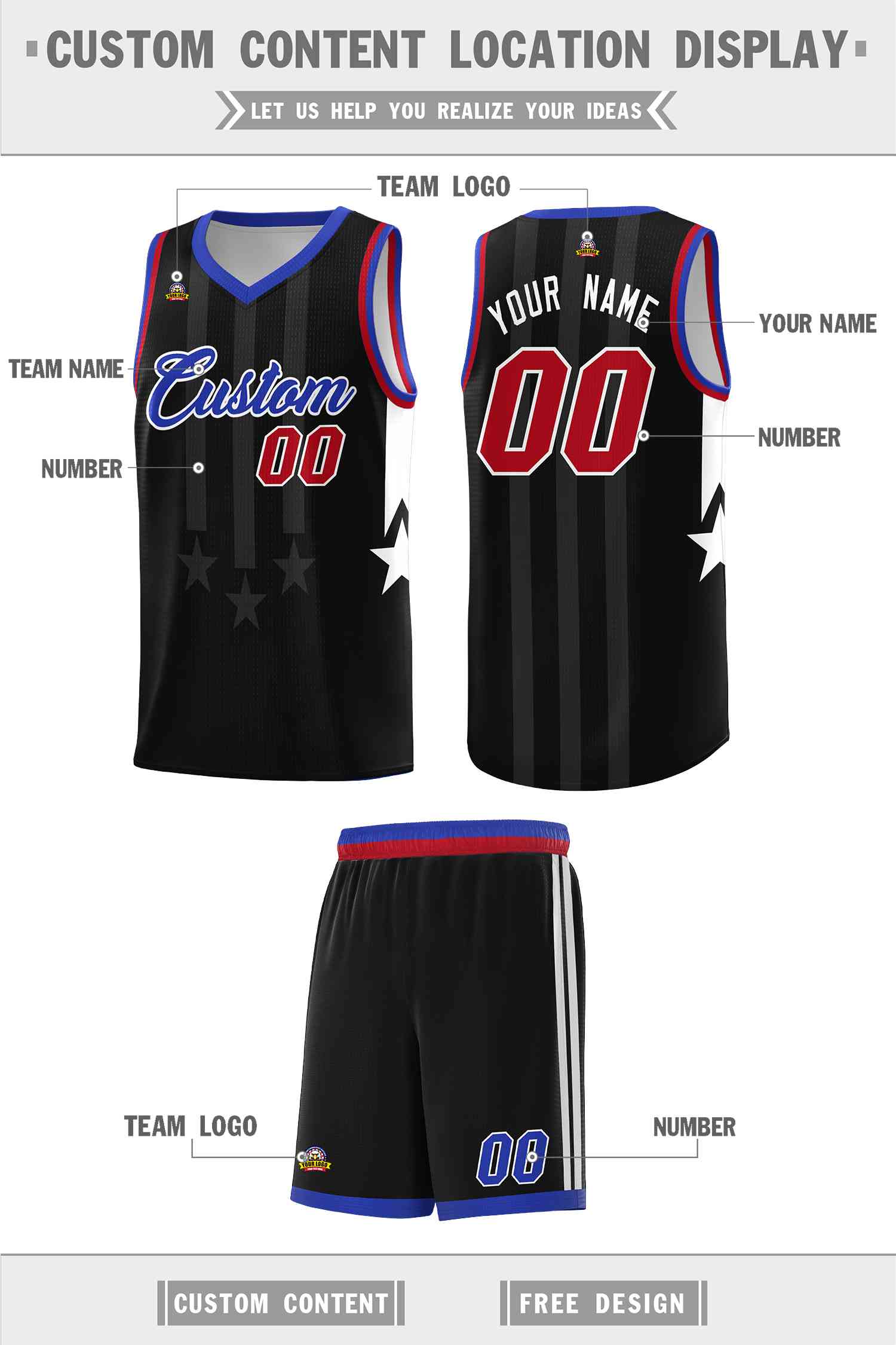 Custom Black Royal and Red Gradient Star Graffiti Pattern Sports Uniform Basketball Jersey