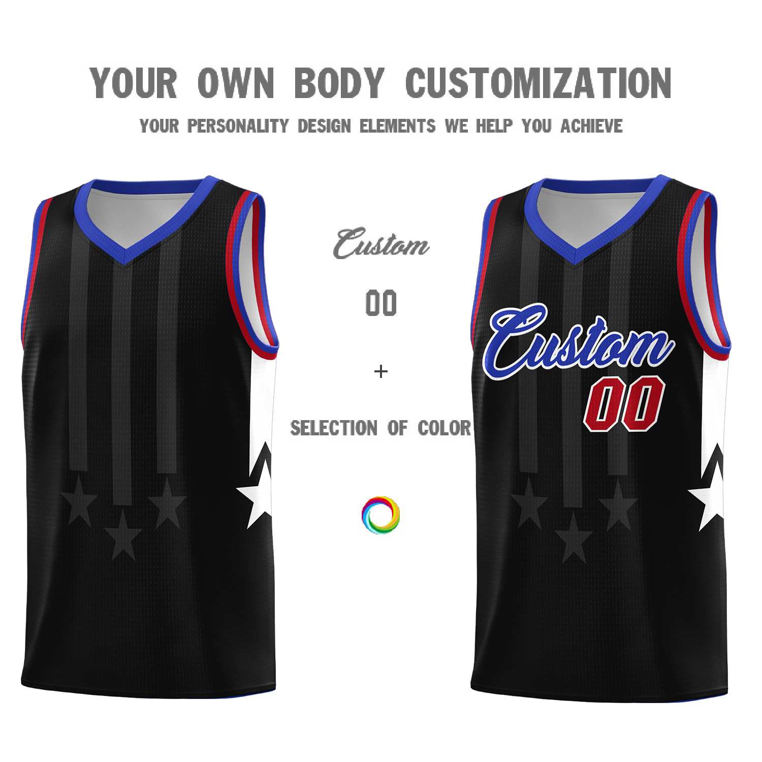 Custom Black Royal and Red Gradient Star Graffiti Pattern Sports Uniform Basketball Jersey