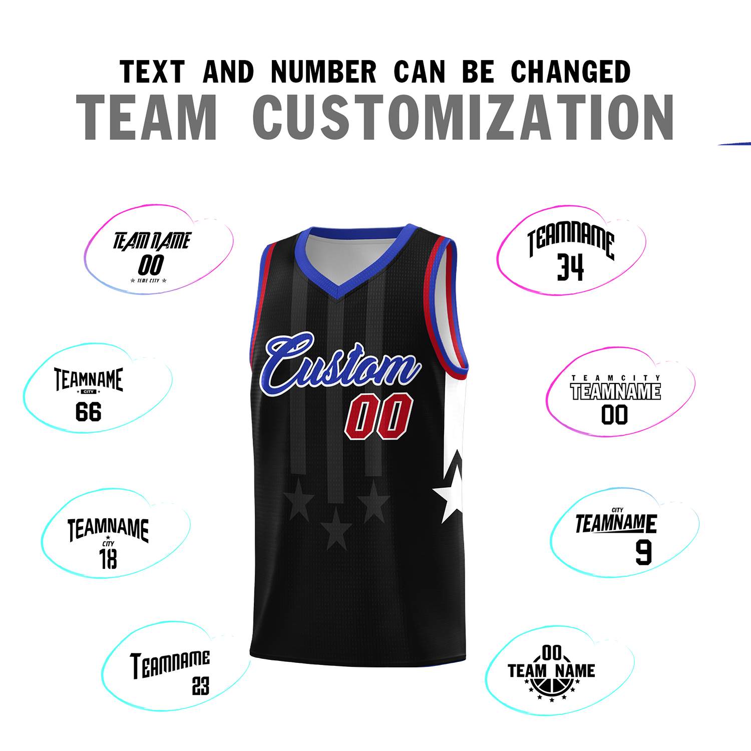 Custom Black Royal and Red Gradient Star Graffiti Pattern Sports Uniform Basketball Jersey