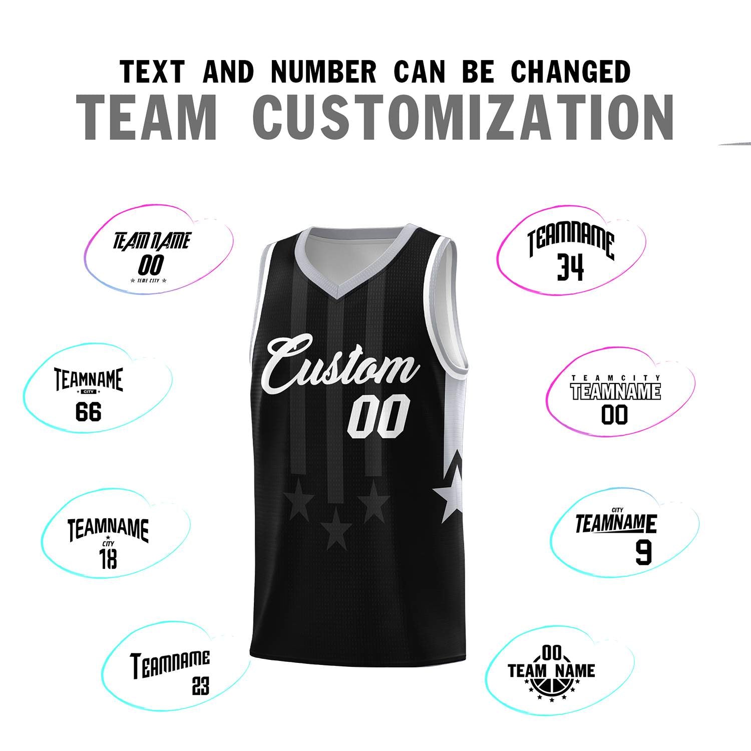 Custom Black Gray and White Gradient Star Graffiti Pattern Sports Uniform Basketball Jersey