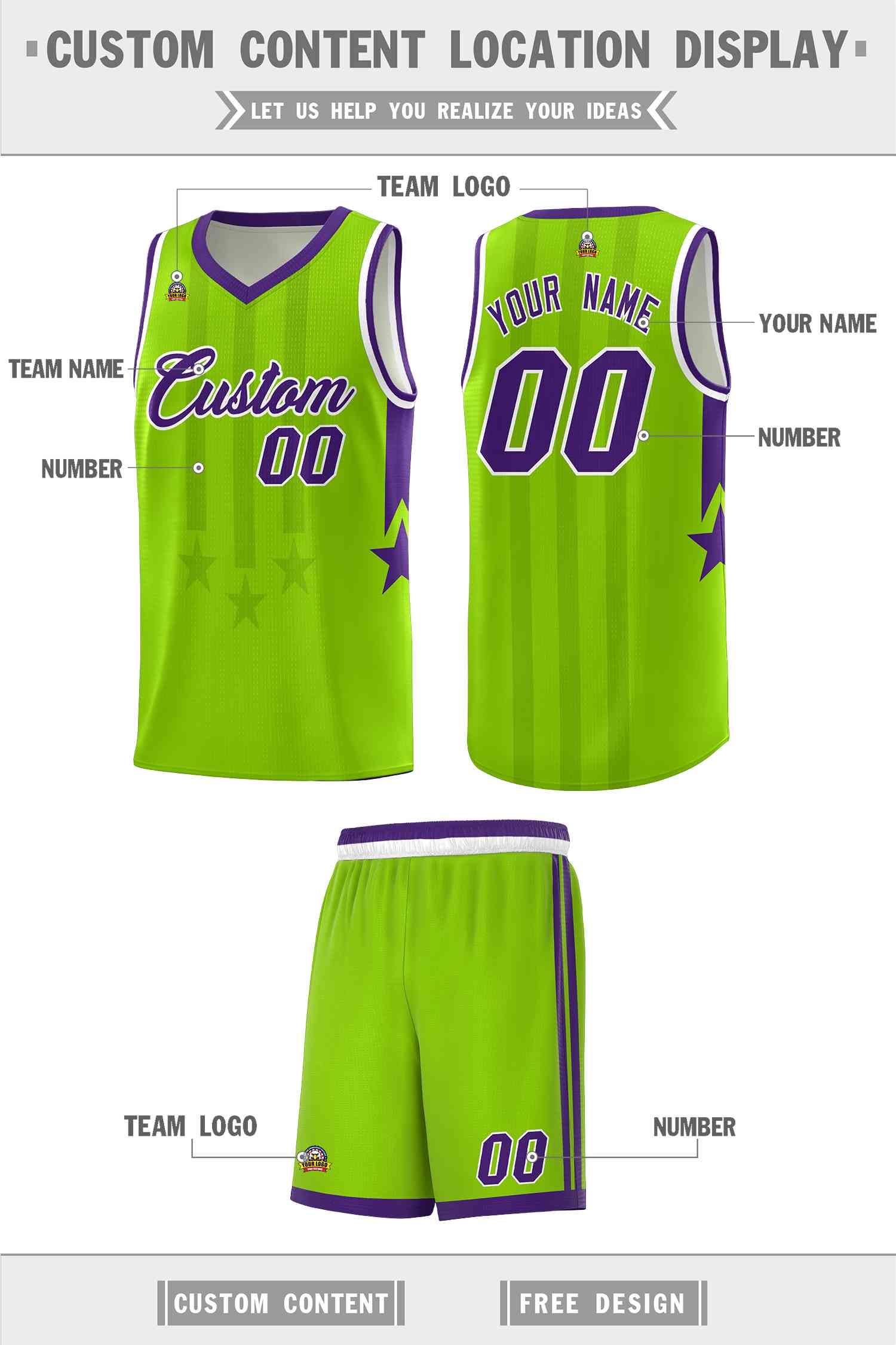 Custom Neon Green Purple and White Gradient Star Graffiti Pattern Sports Uniform Basketball Jersey