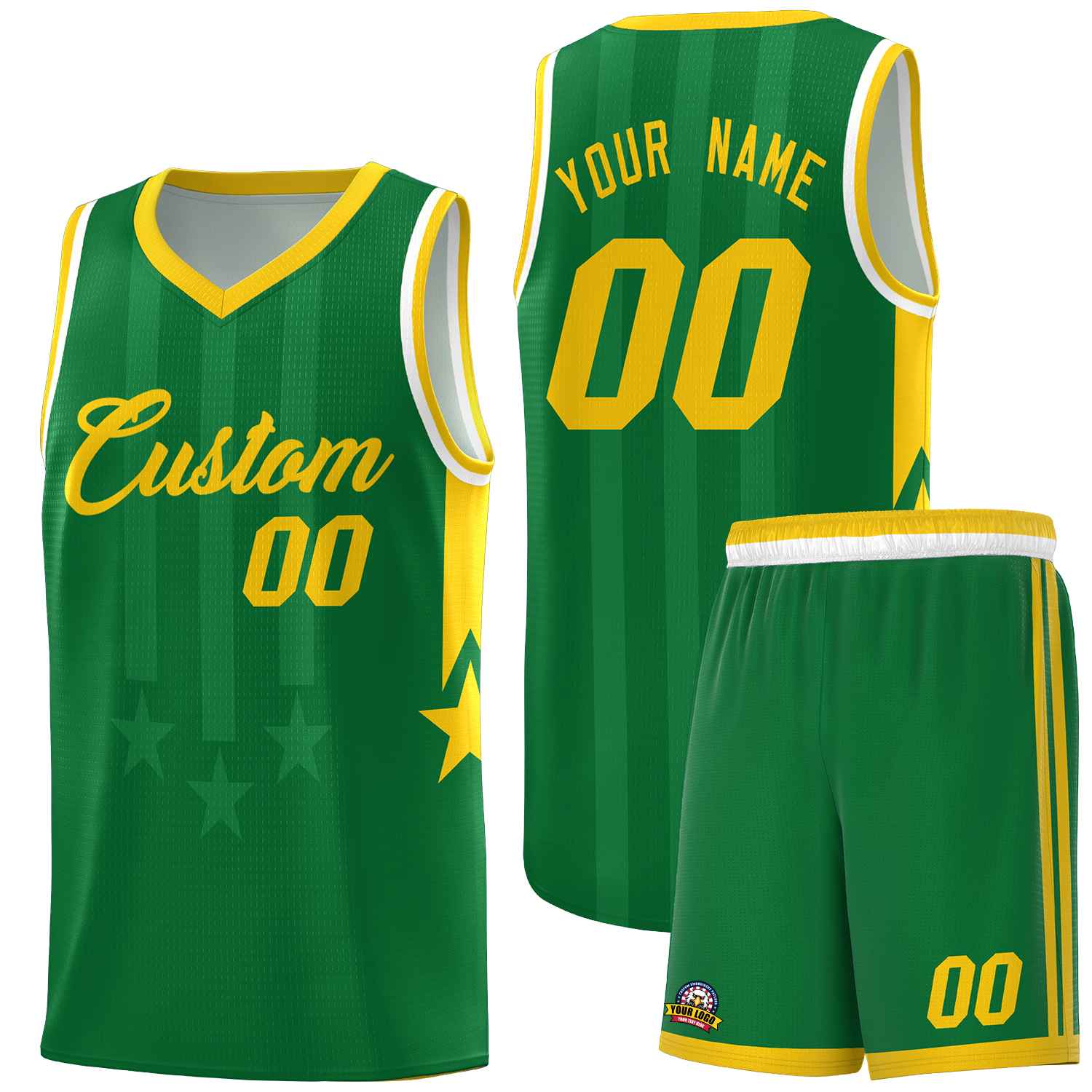 Custom Kelly Green Gold and White Gradient Star Graffiti Pattern Sports Uniform Basketball Jersey