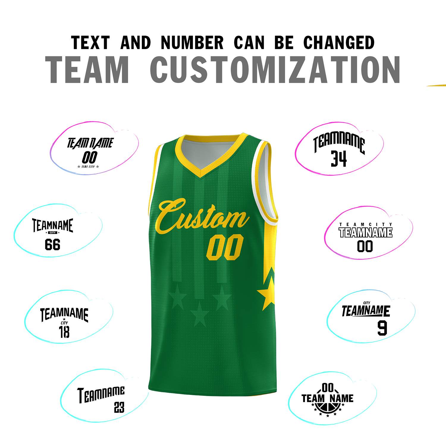 Custom Kelly Green Gold and White Gradient Star Graffiti Pattern Sports Uniform Basketball Jersey