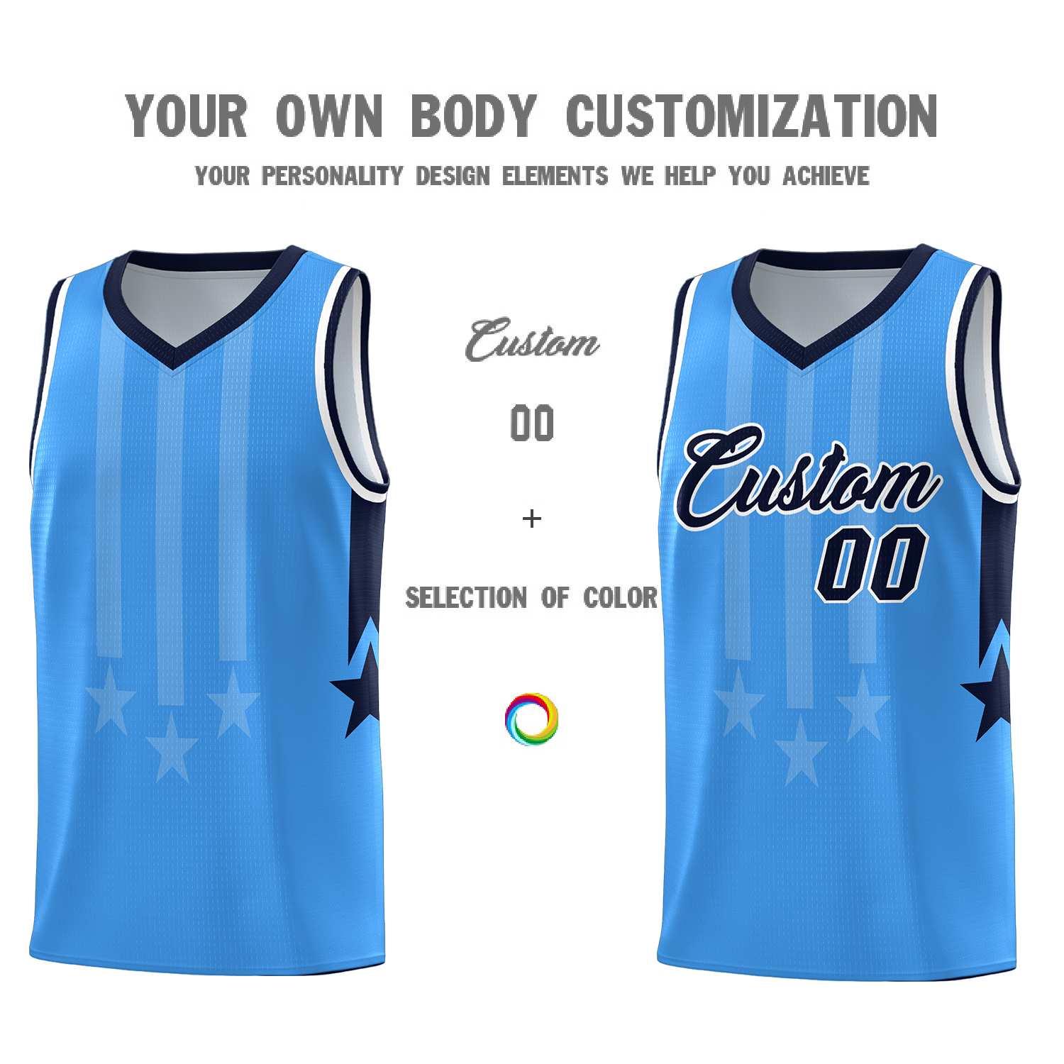 Custom Powder Blue Navy and White Gradient Star Graffiti Pattern Sports Uniform Basketball Jersey