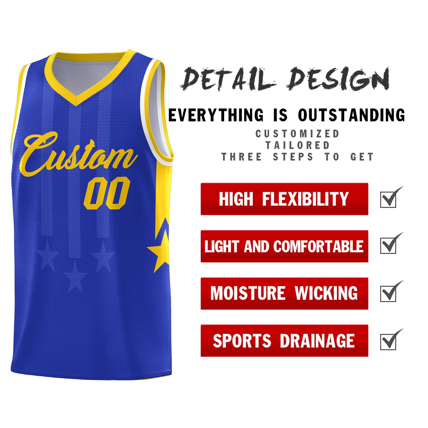 Custom Royal Gold and White Gradient Star Graffiti Pattern Sports Uniform Basketball Jersey