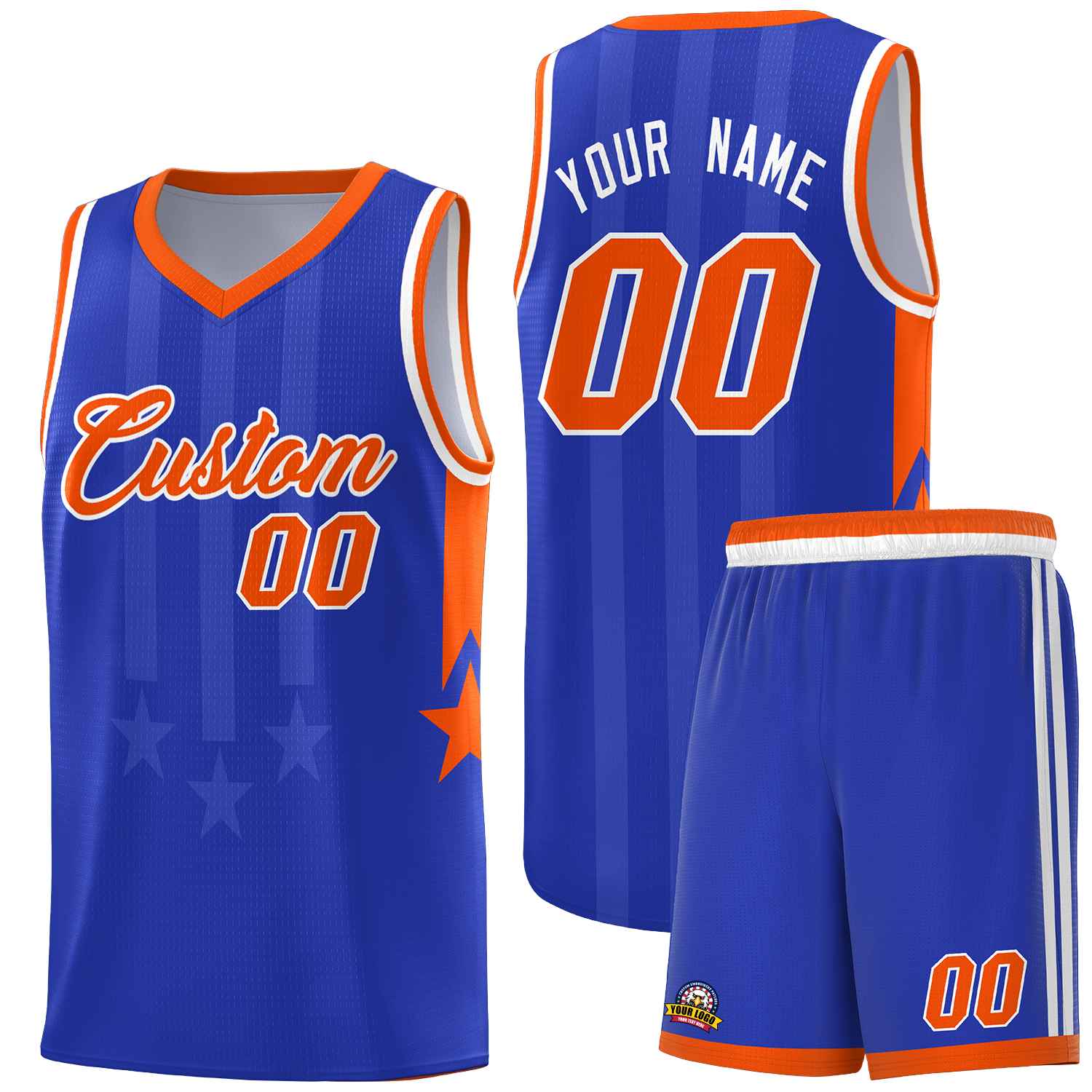 Custom Royal Orange and White Gradient Star Graffiti Pattern Sports Uniform Basketball Jersey