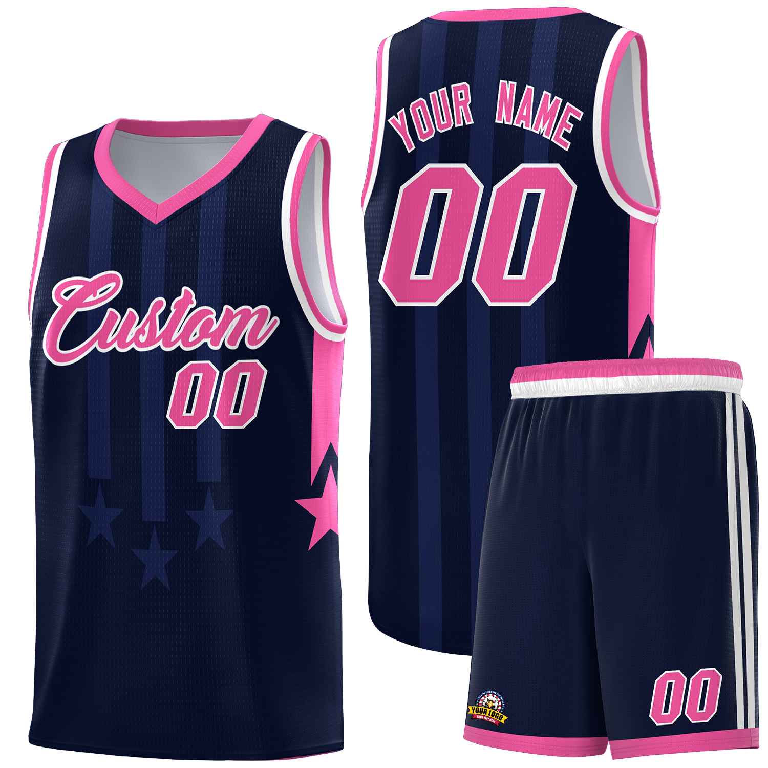 Custom Navy Pink and White Gradient Star Graffiti Pattern Sports Uniform Basketball Jersey