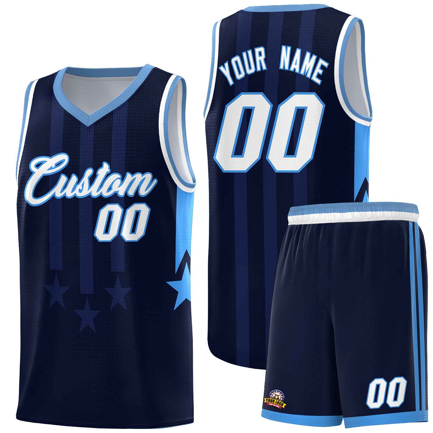 Custom Navy Light Blue and White Gradient Star Graffiti Pattern Sports Uniform Basketball Jersey