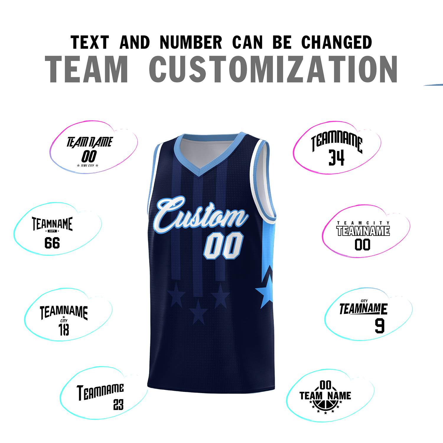 Custom Navy Light Blue and White Gradient Star Graffiti Pattern Sports Uniform Basketball Jersey