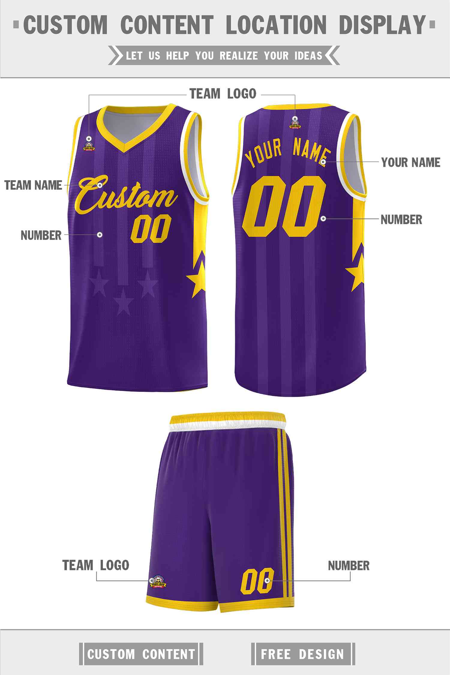 Custom Purple Gold and White Gradient Star Graffiti Pattern Sports Uniform Basketball Jersey
