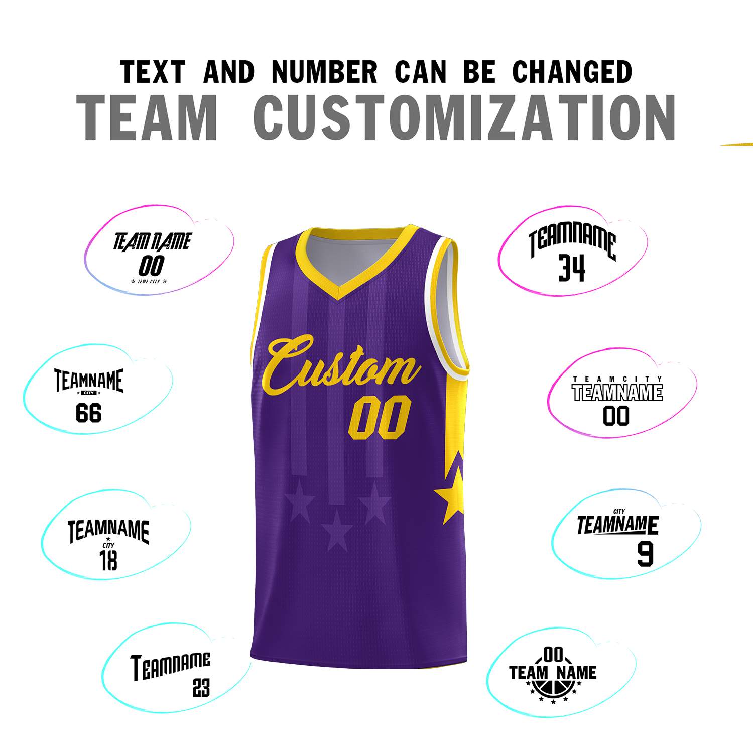 Custom Purple Gold and White Gradient Star Graffiti Pattern Sports Uniform Basketball Jersey