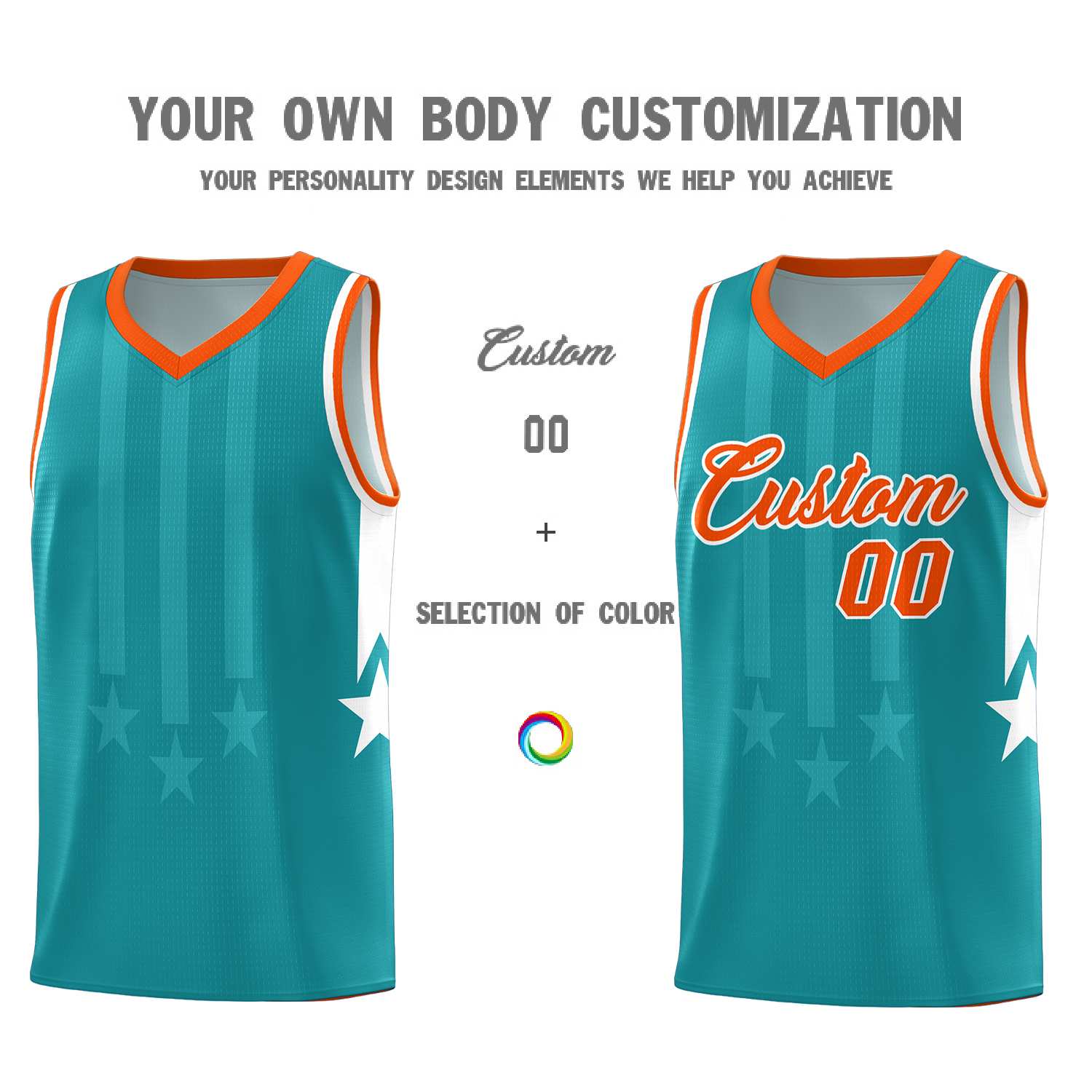 Custom Aqua Orange and White Gradient Star Graffiti Pattern Sports Uniform Basketball Jersey