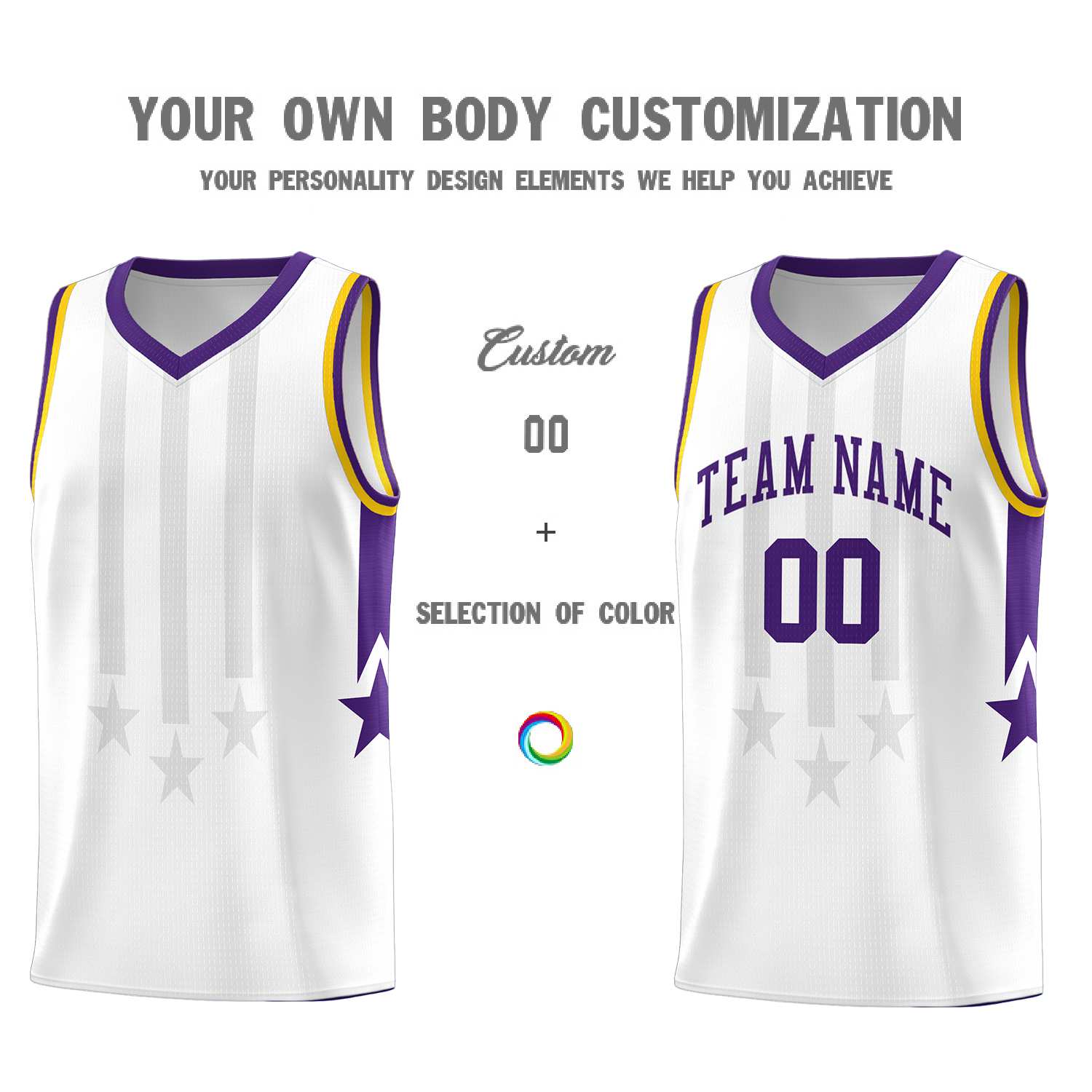 Custom White Purple and Gold Gradient Star Graffiti Pattern Sports Uniform Basketball Jersey