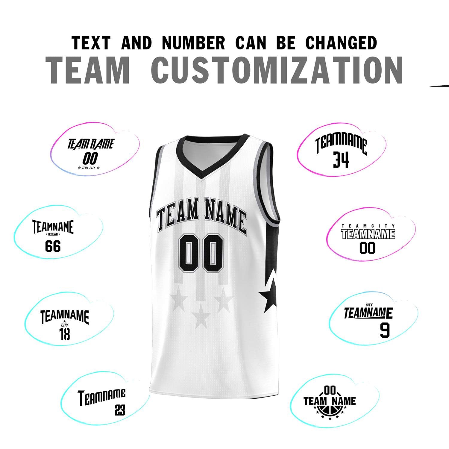 Custom White Black and Gray Gradient Star Graffiti Pattern Sports Uniform Basketball Jersey