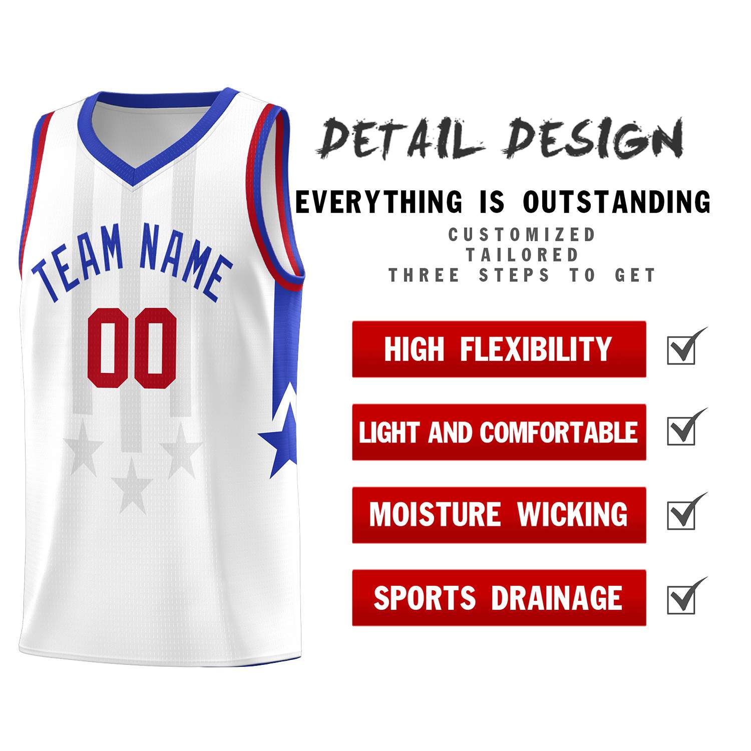 Custom White Royal and Red Gradient Star Graffiti Pattern Sports Uniform Basketball Jersey