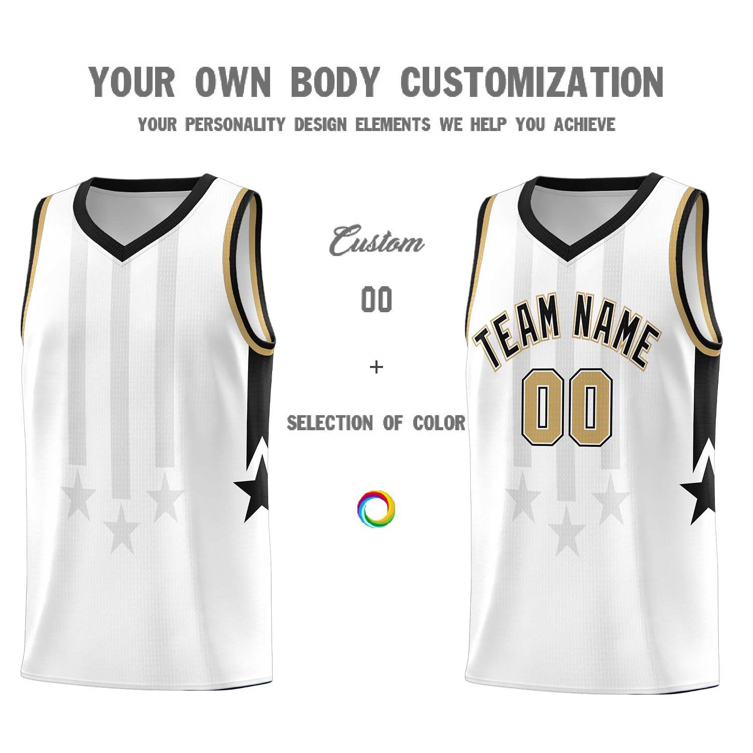 Custom White Black and Old Gold Gradient Star Graffiti Pattern Sports Uniform Basketball Jersey