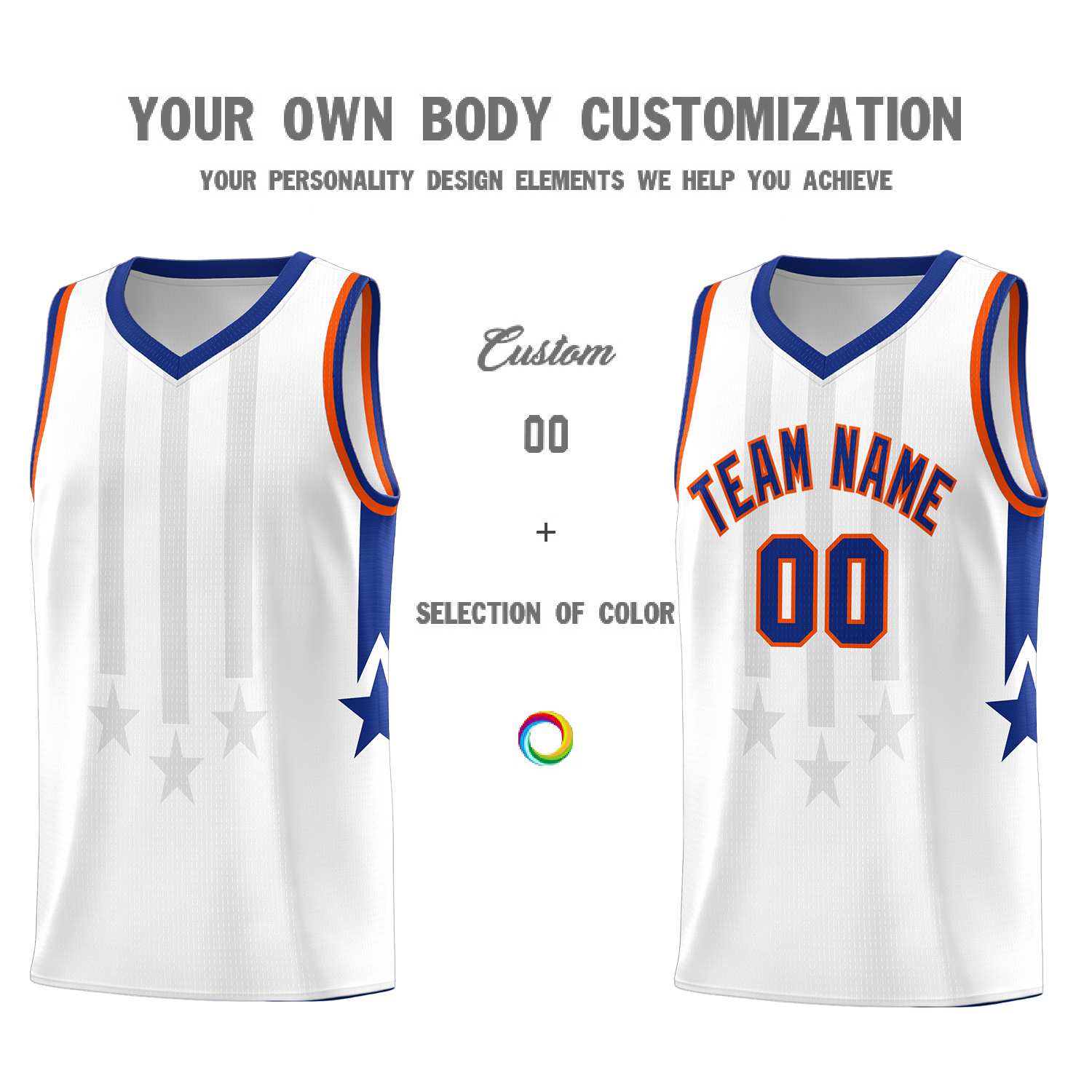 Custom White Royal and Orange Gradient Star Graffiti Pattern Sports Uniform Basketball Jersey