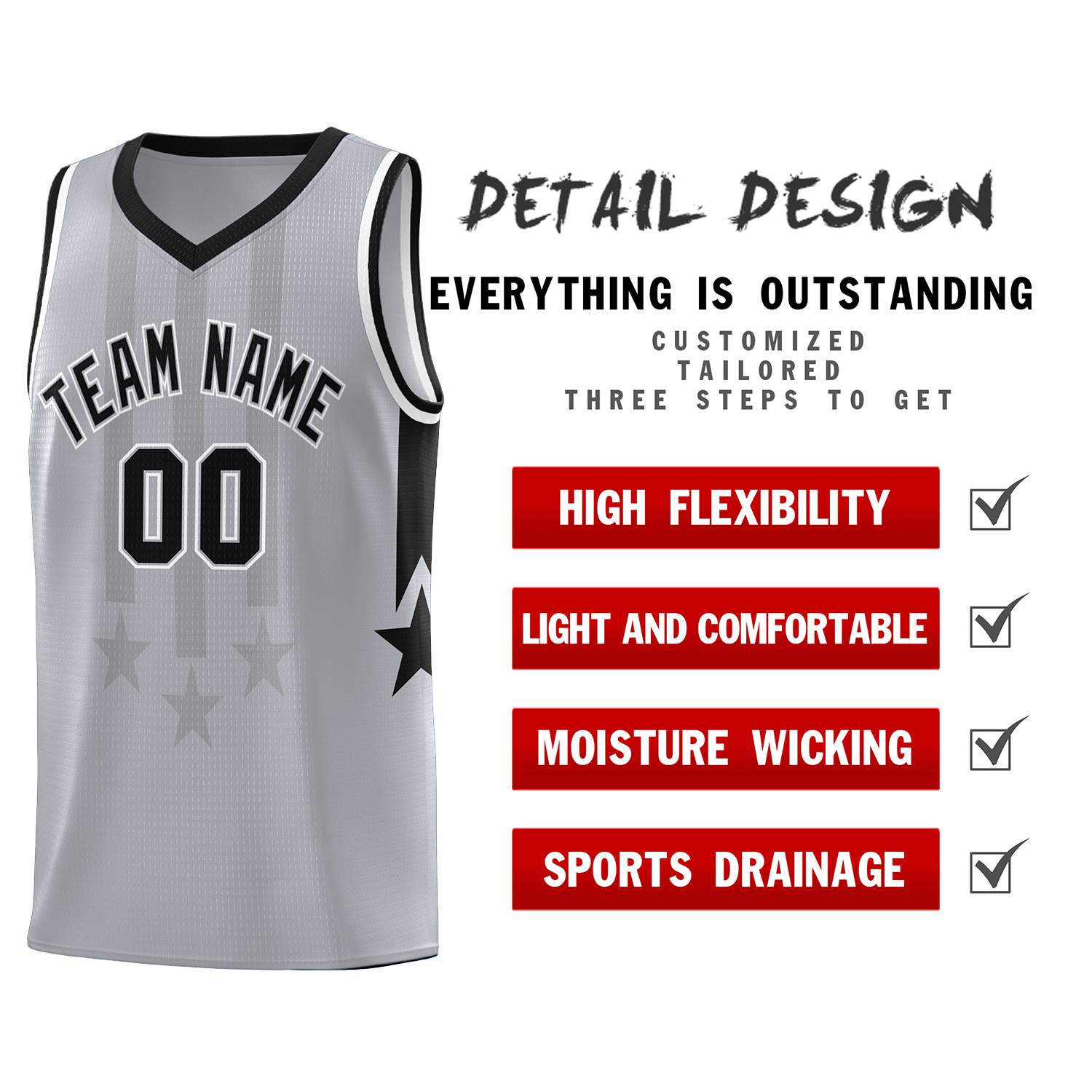 Custom Gray Black and White Gradient Star Graffiti Pattern Sports Uniform Basketball Jersey