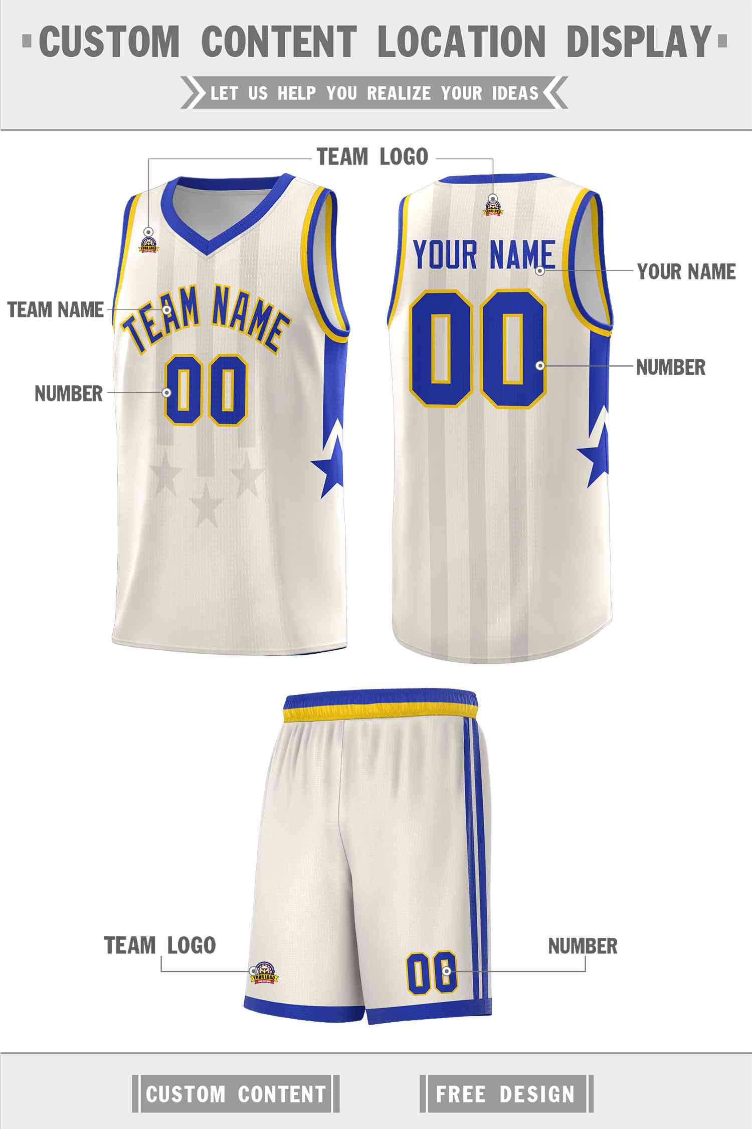 Custom Cream Royal and Gold Gradient Star Graffiti Pattern Sports Uniform Basketball Jersey