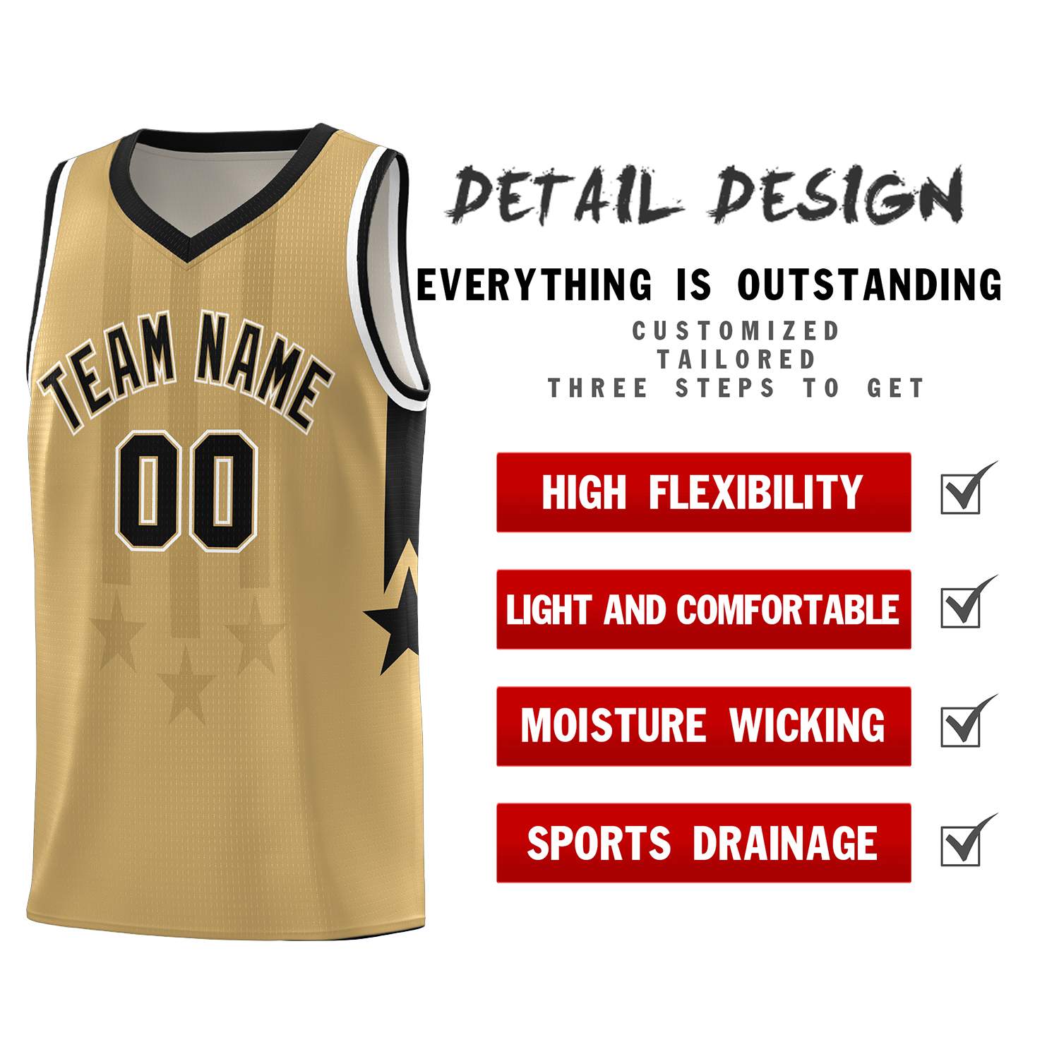 Custom Old Gold Black and White Gradient Star Graffiti Pattern Sports Uniform Basketball Jersey