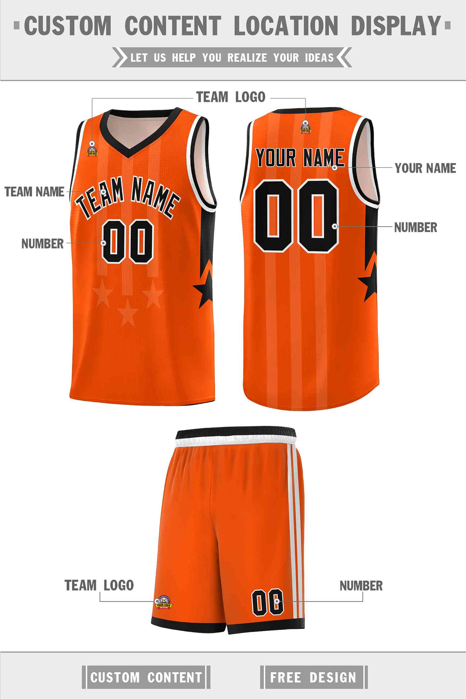 Custom Orange Black and White Gradient Star Graffiti Pattern Sports Uniform Basketball Jersey