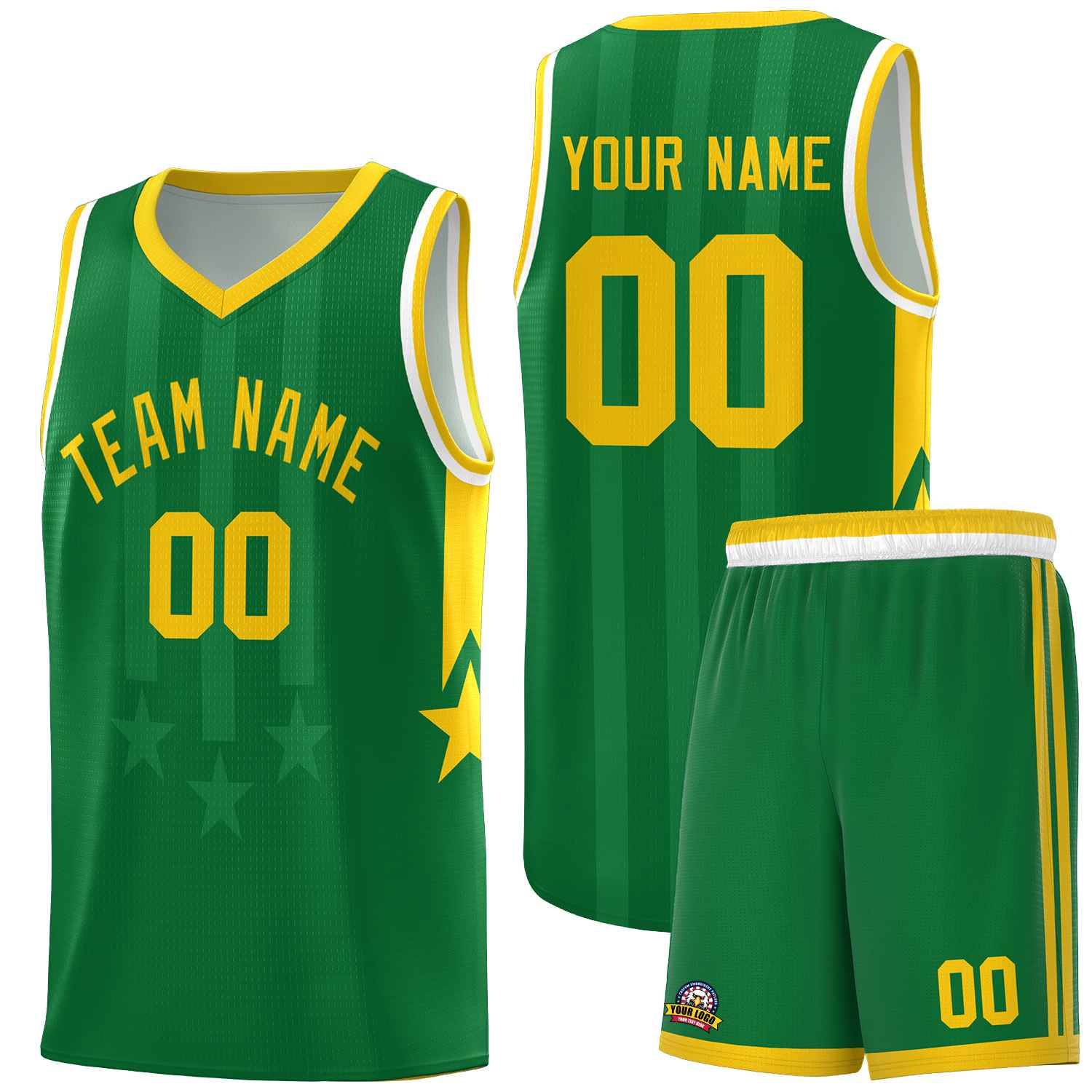 Custom Kelly Green Gold and White Gradient Star Graffiti Pattern Sports Uniform Basketball Jersey