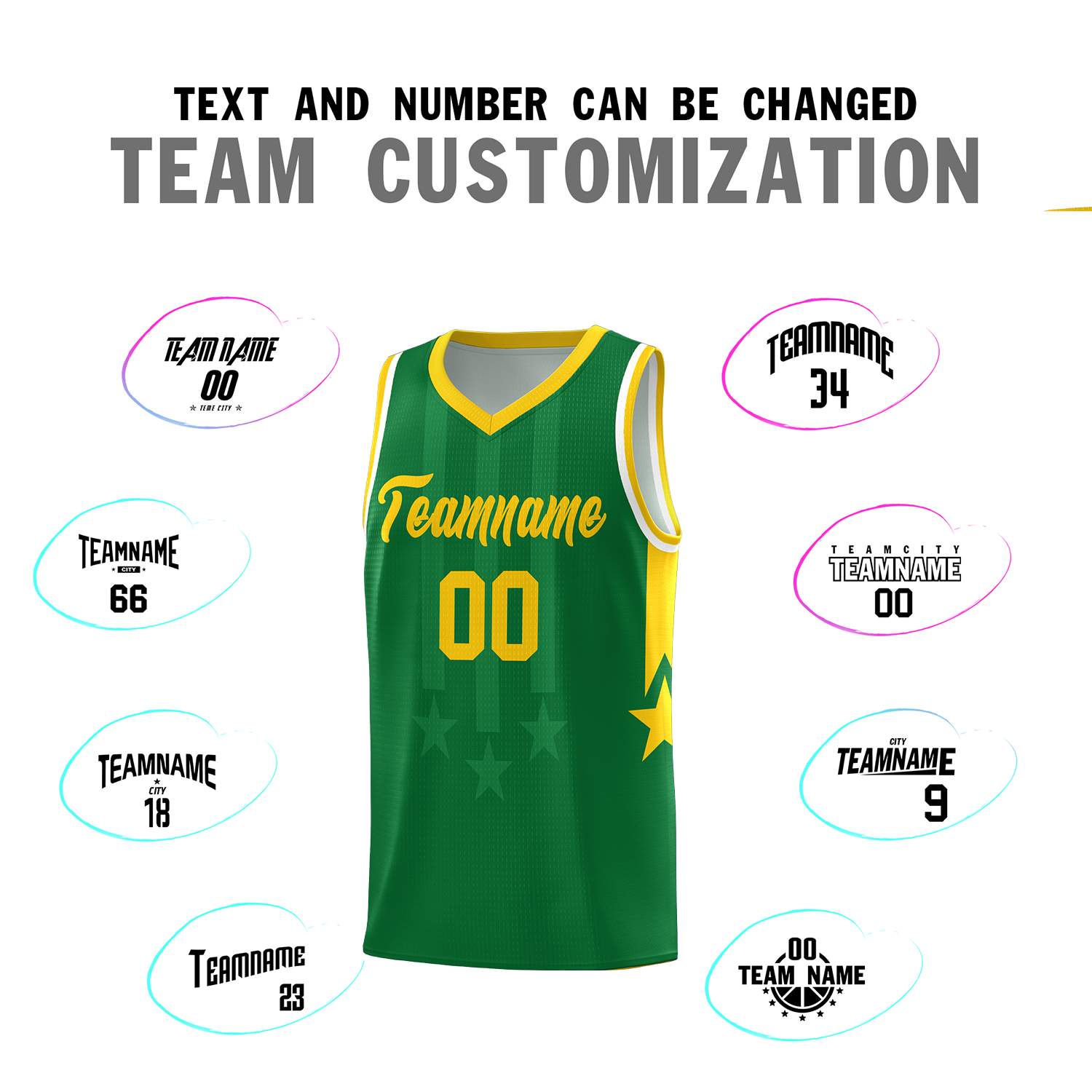 Custom Kelly Green Gold and White Gradient Star Graffiti Pattern Sports Uniform Basketball Jersey