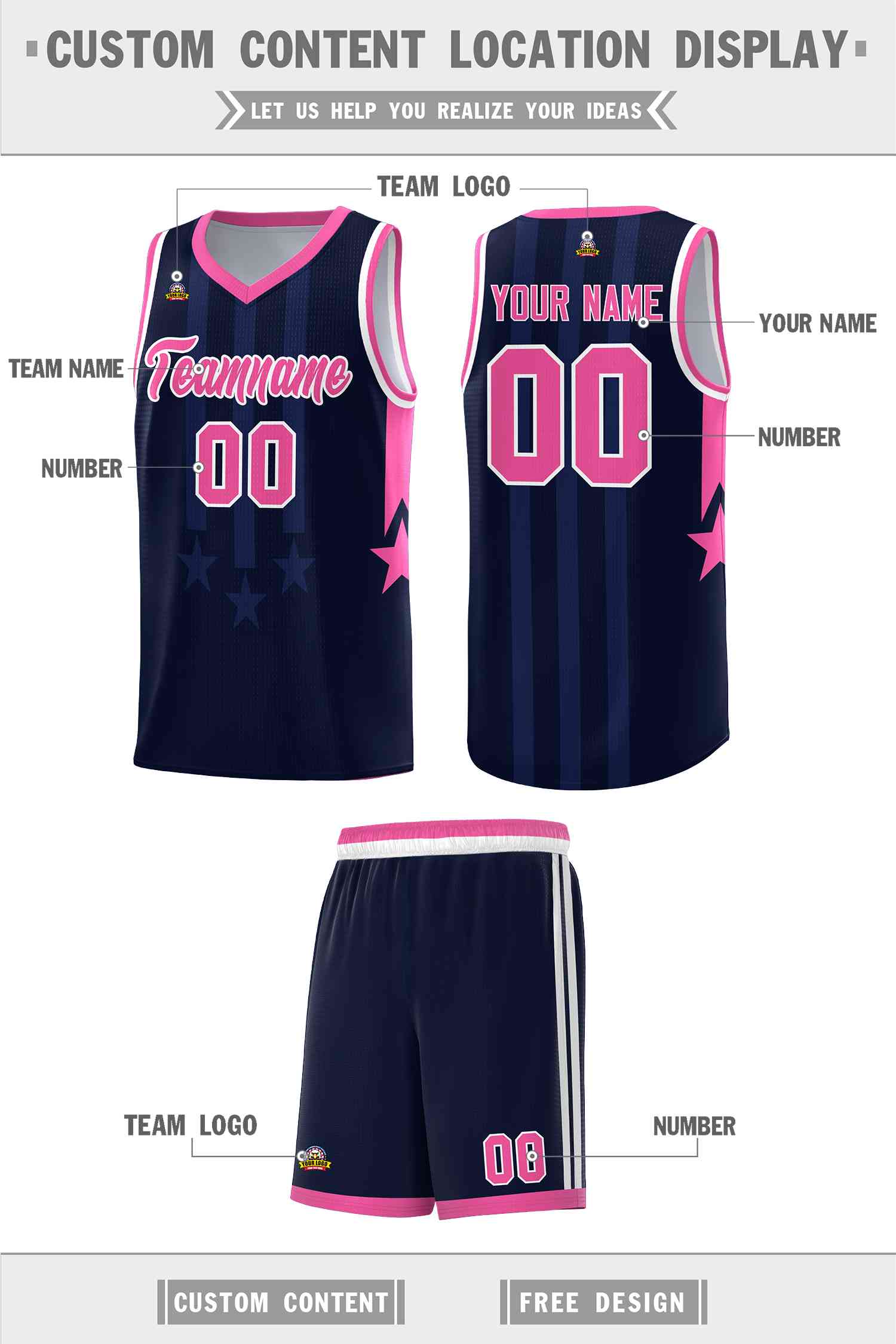 Custom Navy Pink and White Gradient Star Graffiti Pattern Sports Uniform Basketball Jersey