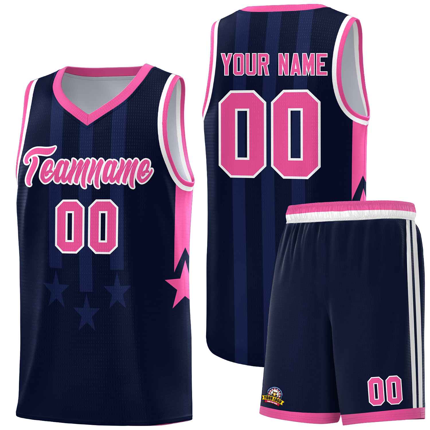 Custom Navy Pink and White Gradient Star Graffiti Pattern Sports Uniform Basketball Jersey