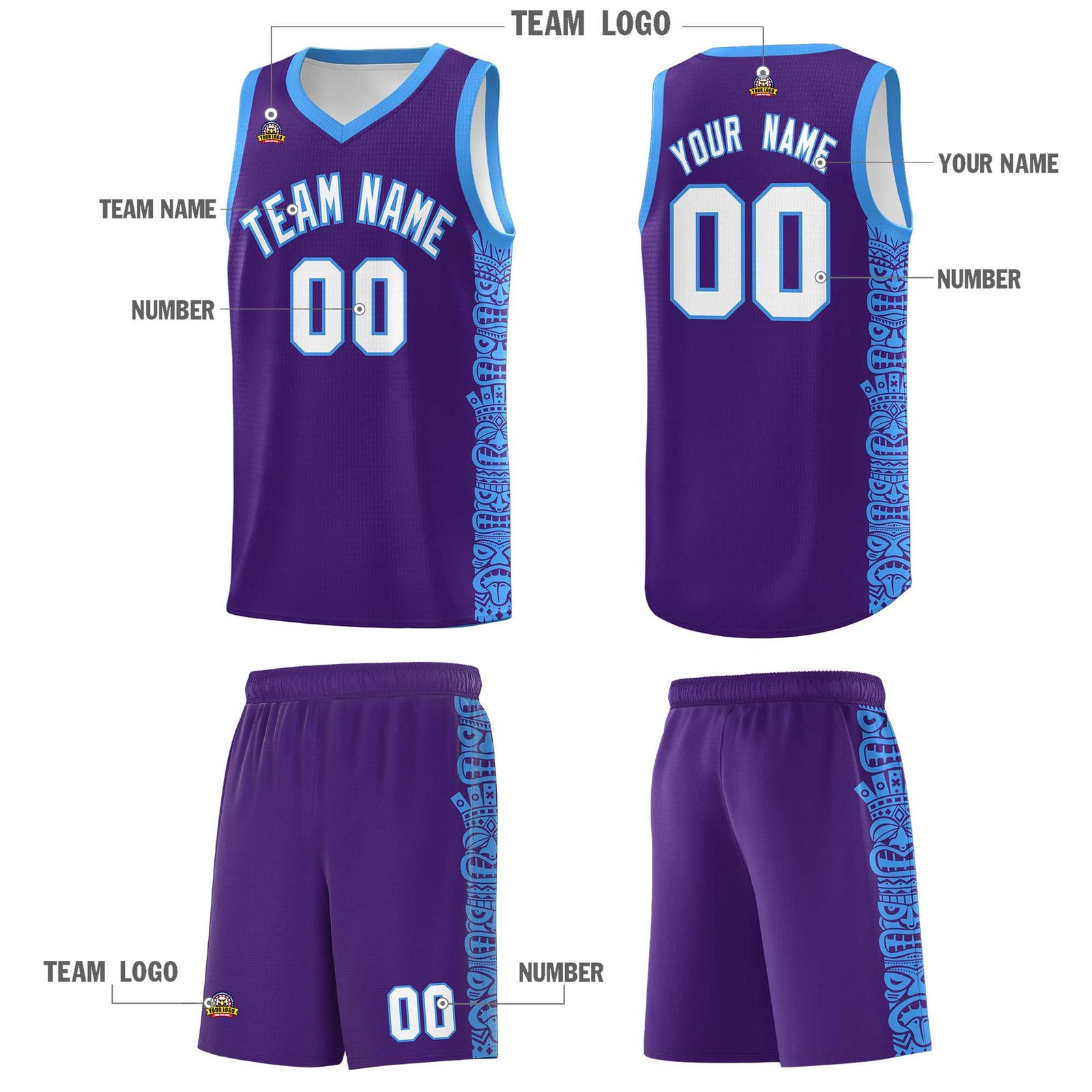 Custom Purple Powder Blue Personalized Indians Pattern Sets Sports Uniform Basketball Jersey