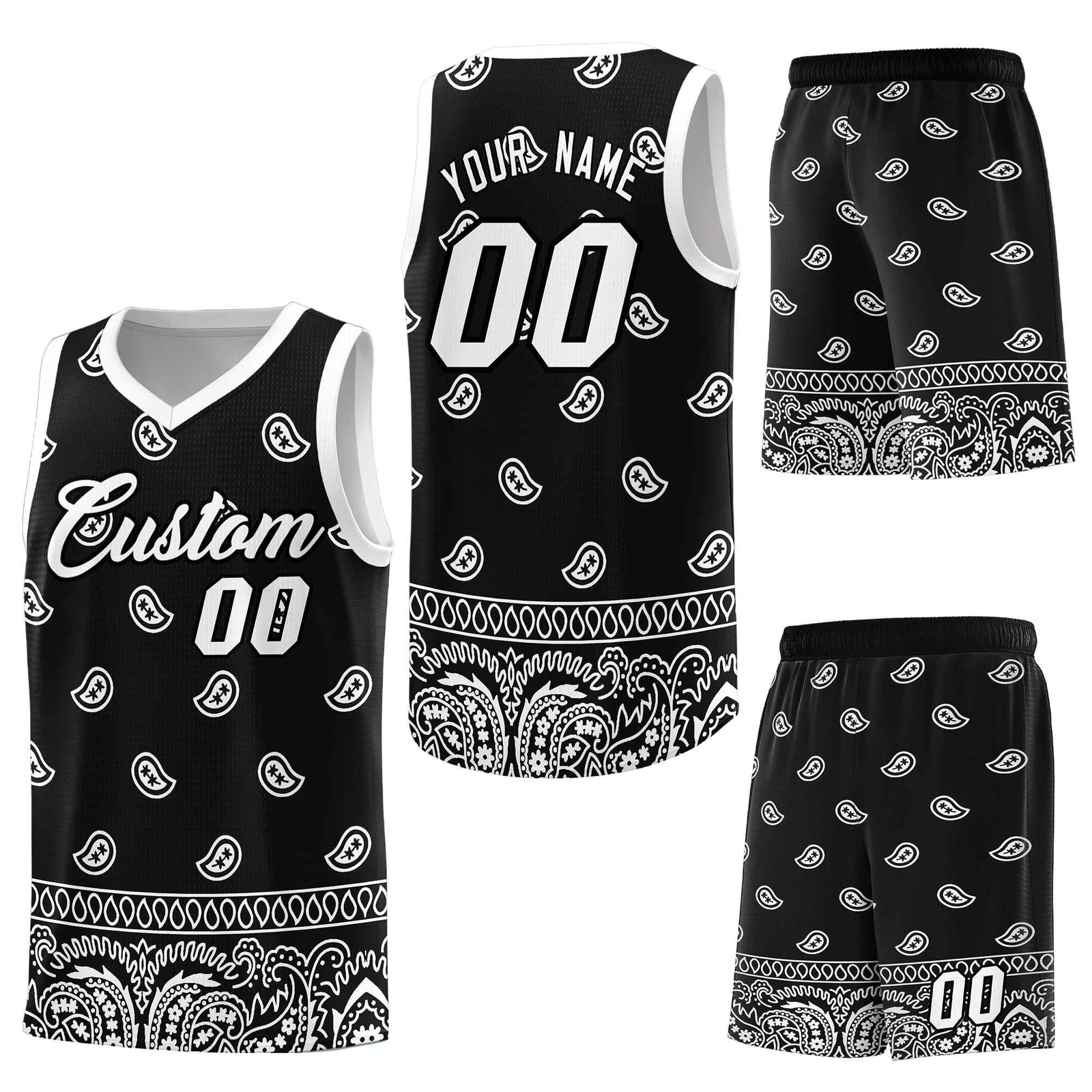 Custom Black White Personalized Cashew Pattern Sports Uniform Basketball Jersey