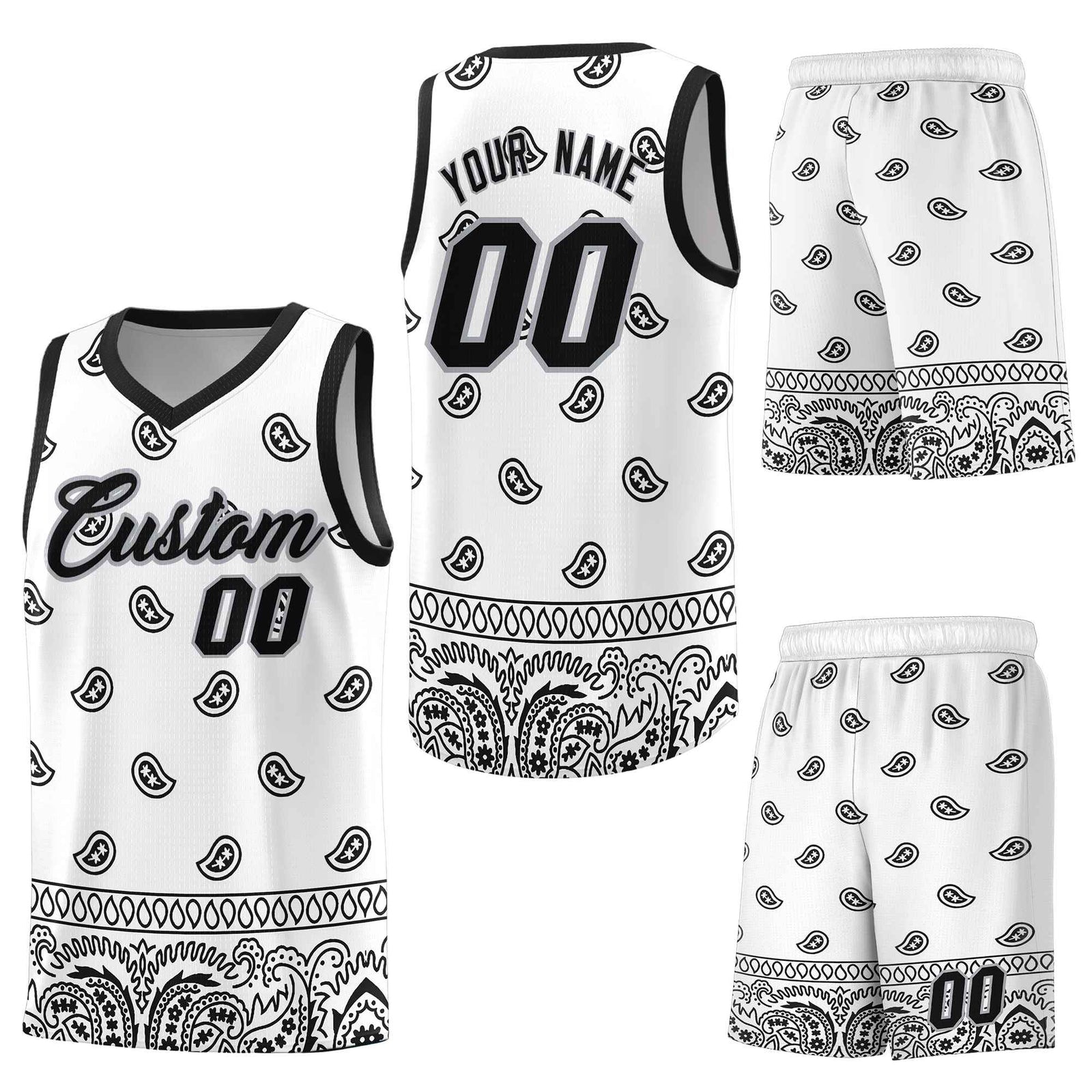 Custom White Black Personalized Cashew Pattern Sports Uniform Basketball Jersey