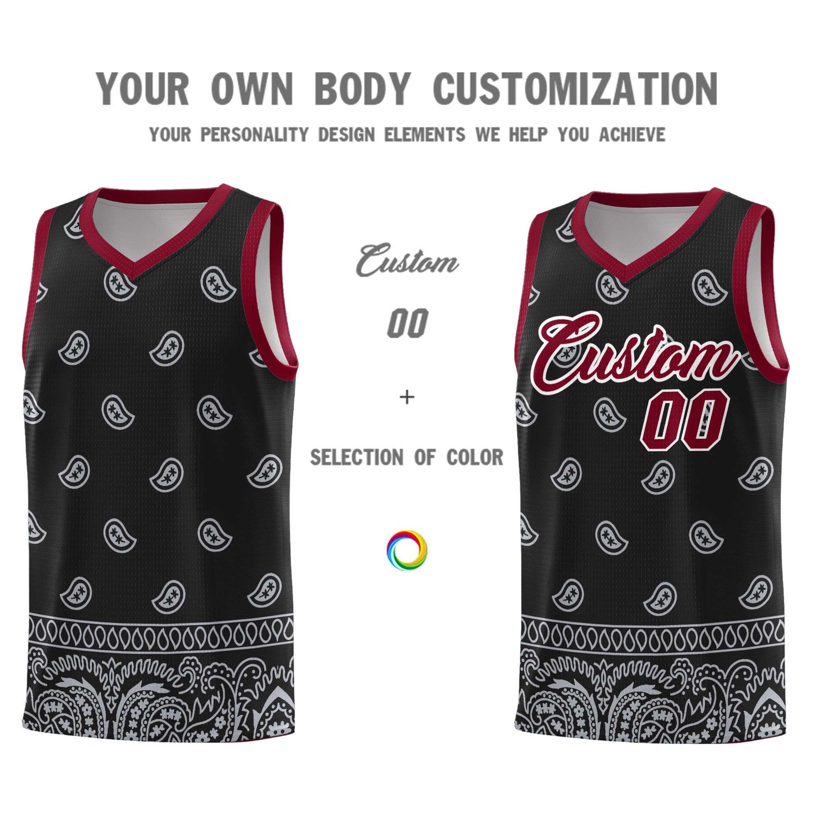 Custom Black Gray Personalized Cashew Pattern Sports Uniform Basketball Jersey
