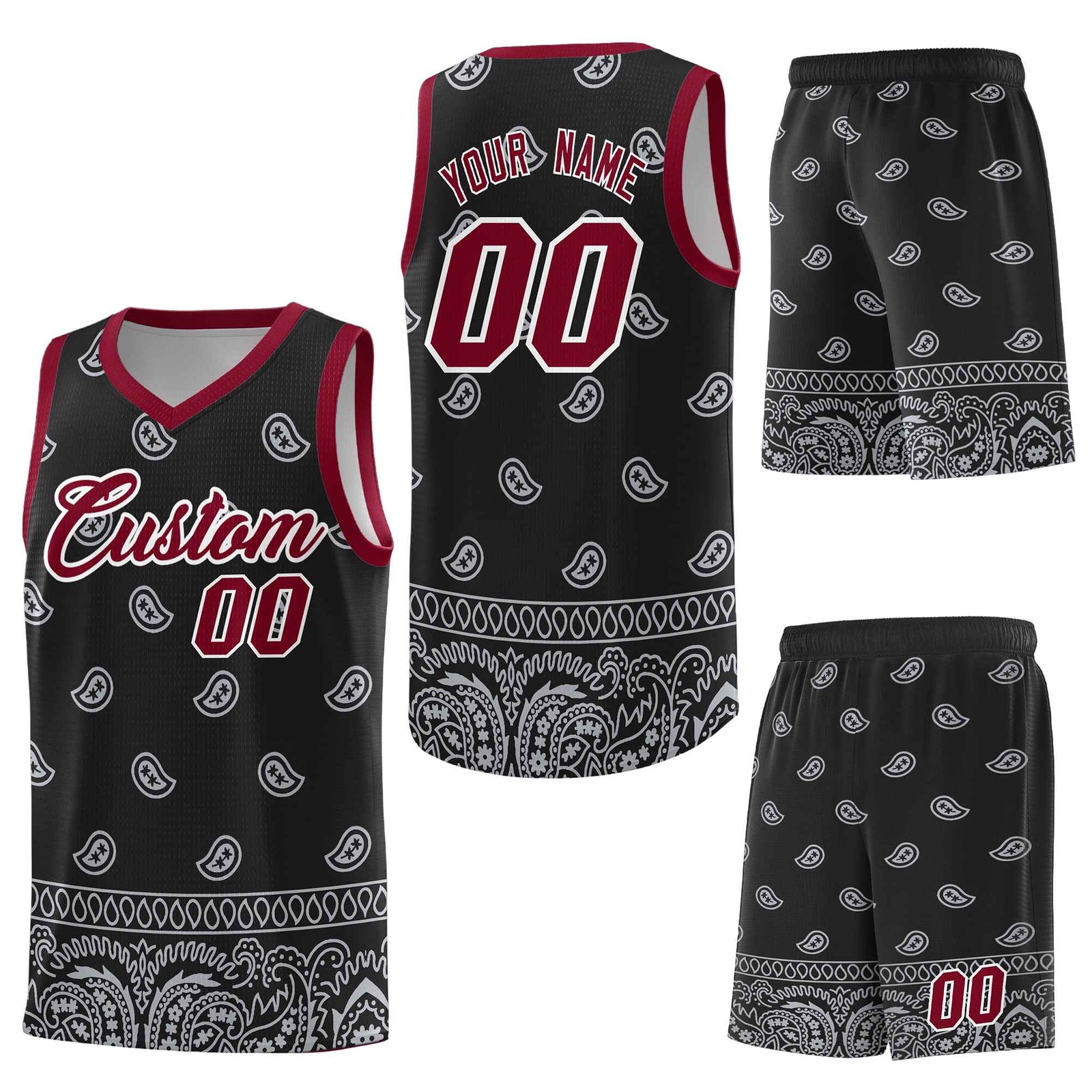 Custom Black Gray Personalized Cashew Pattern Sports Uniform Basketball Jersey