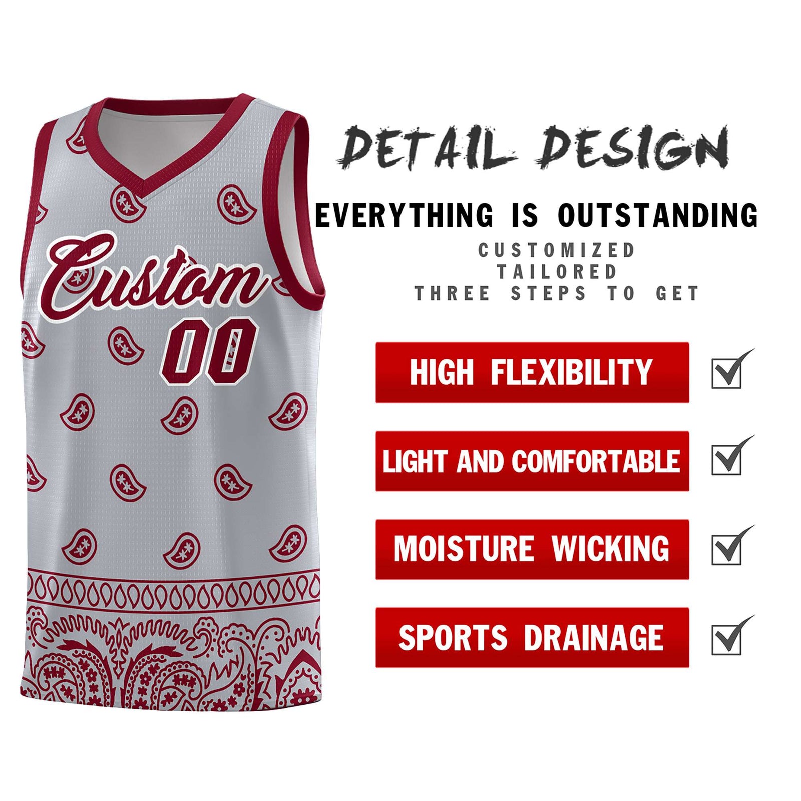 Custom Gray Crimson Personalized Cashew Pattern Sports Uniform Basketball Jersey