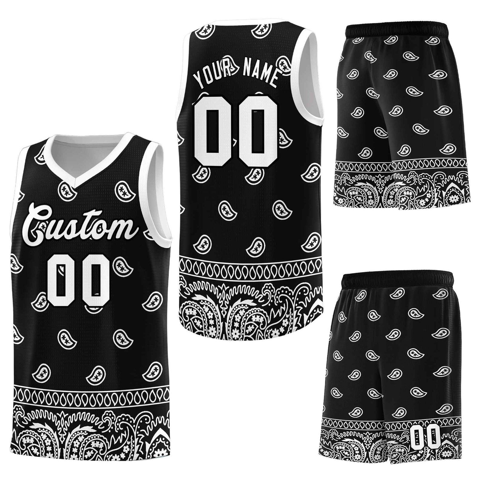 Custom Black White Personalized Cashew Pattern Sports Uniform Basketball Jersey